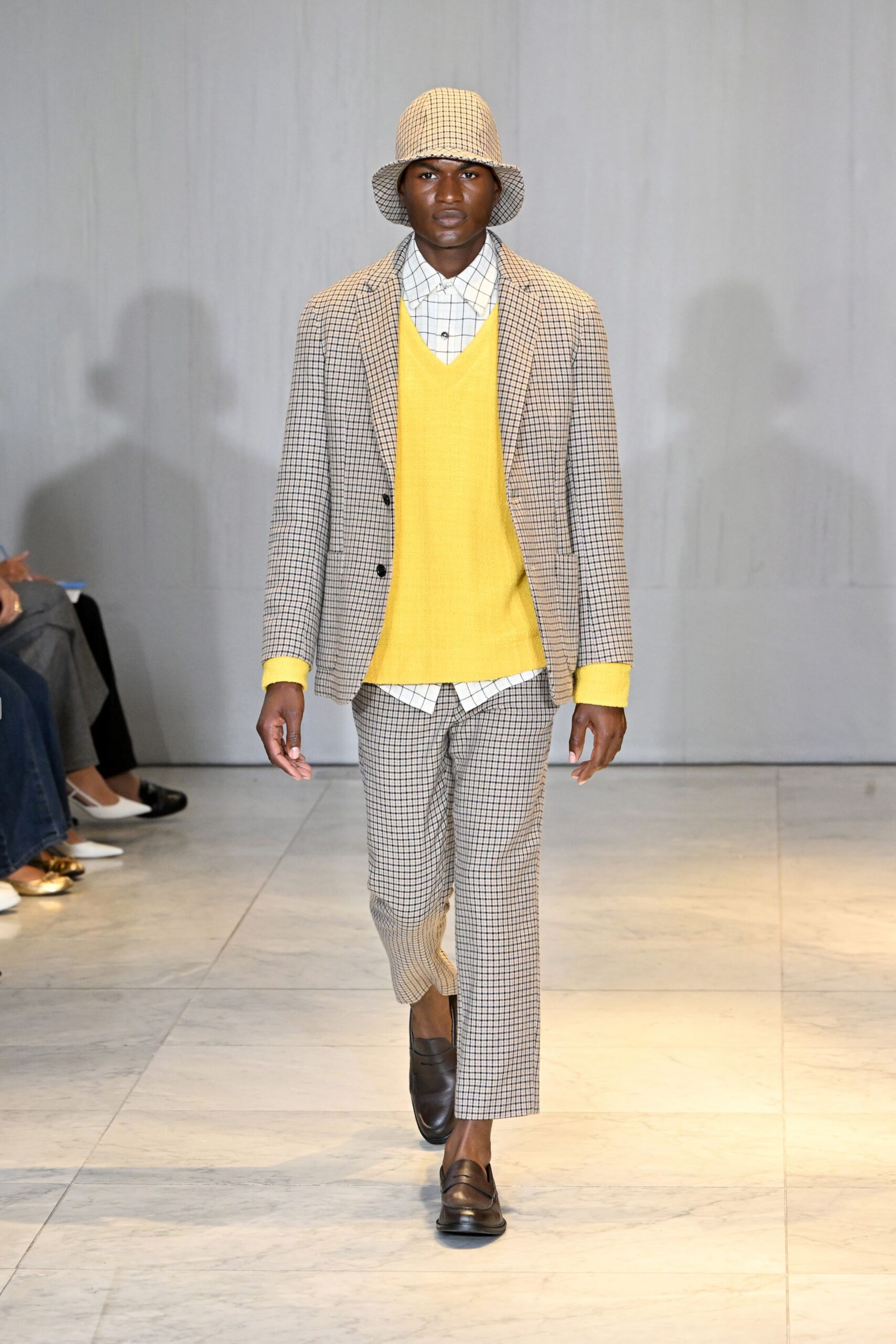 beige cotton slim checked pants