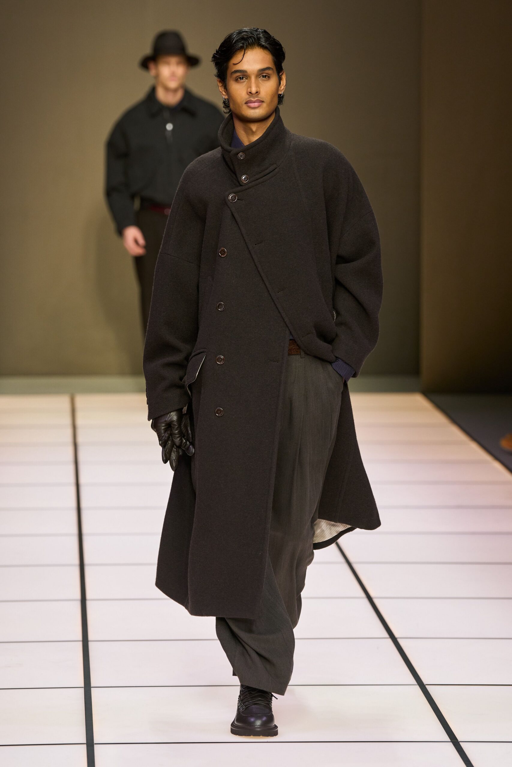 black wool coat with gray pants