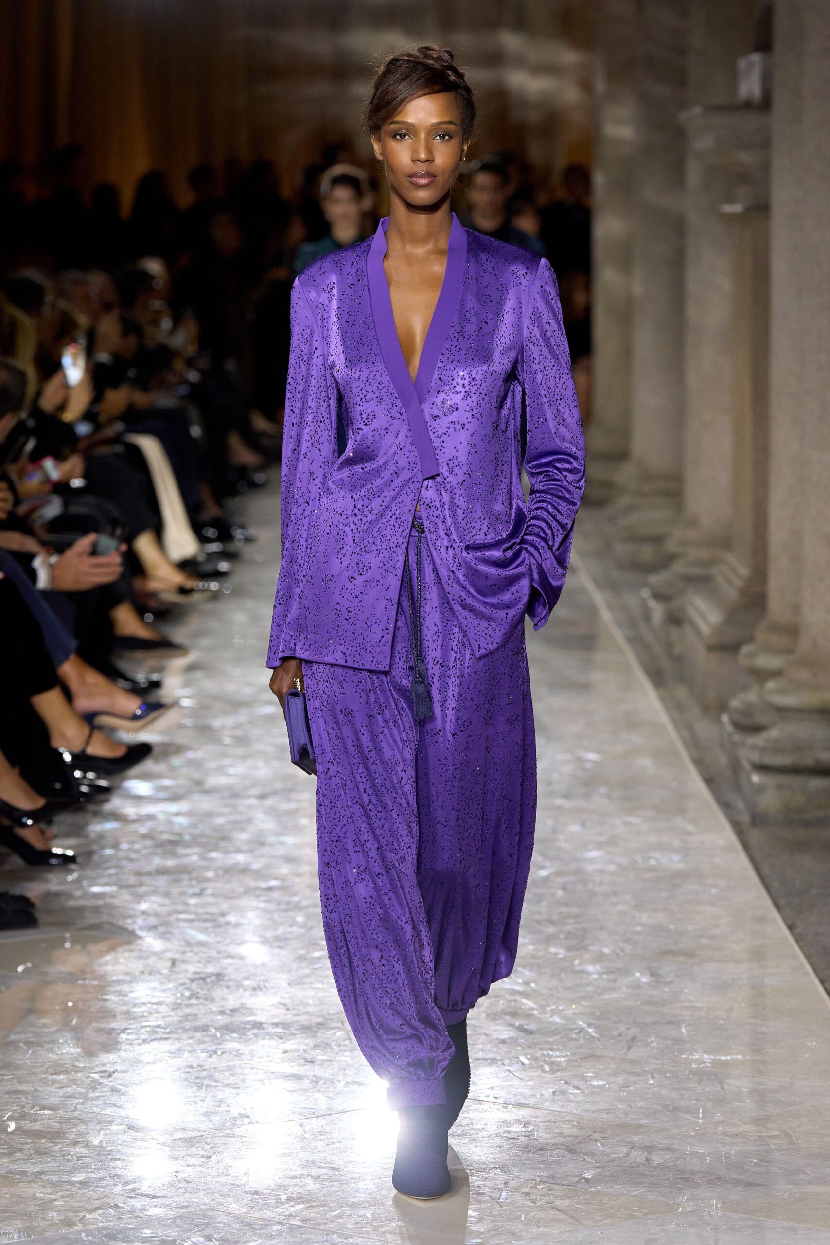 purple silk suit with clutch