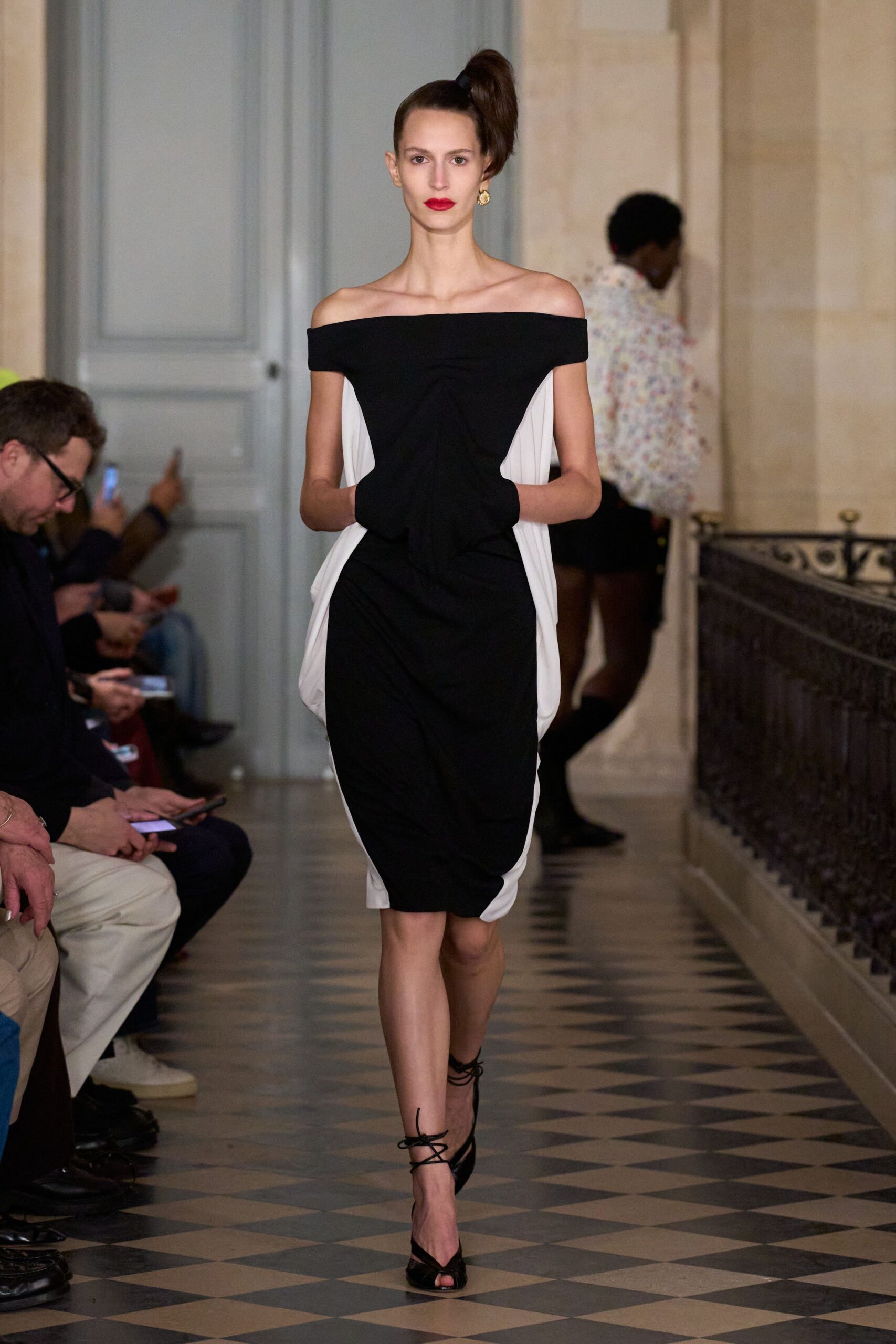black cotton off-shoulder fitted draped dress