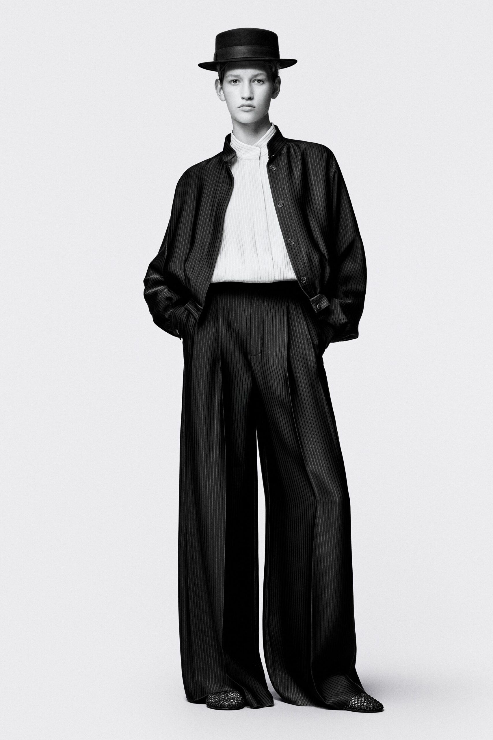 black silk long-sleeve collared relaxed striped jacket