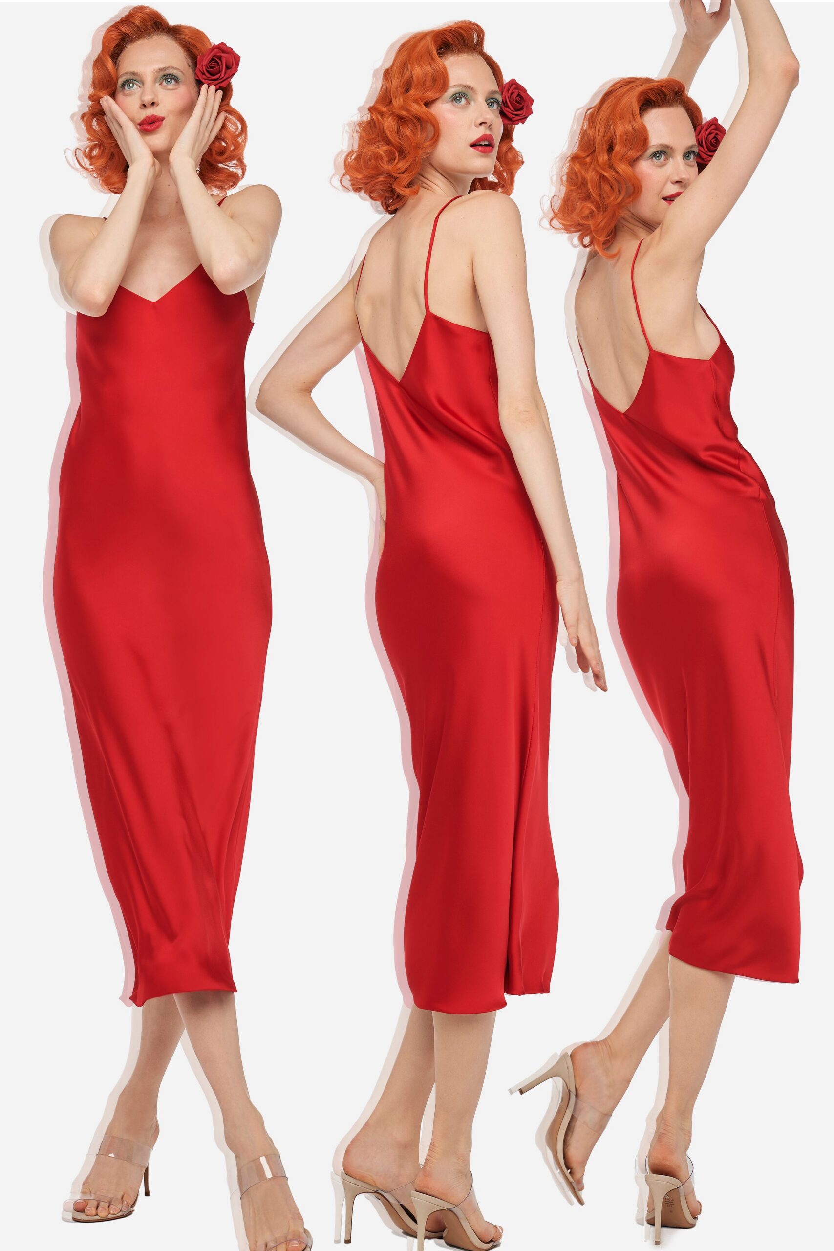 red satin sleeveless v-neck fitted shiny midi dress