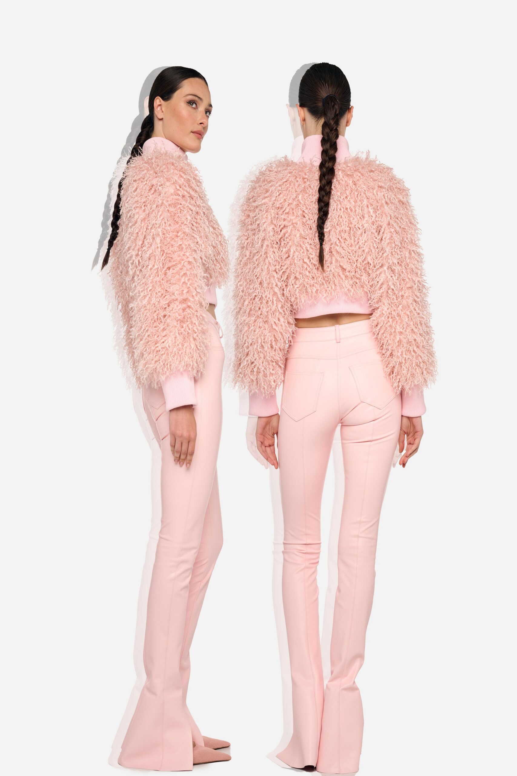 pink fur cropped jacket and flared pants