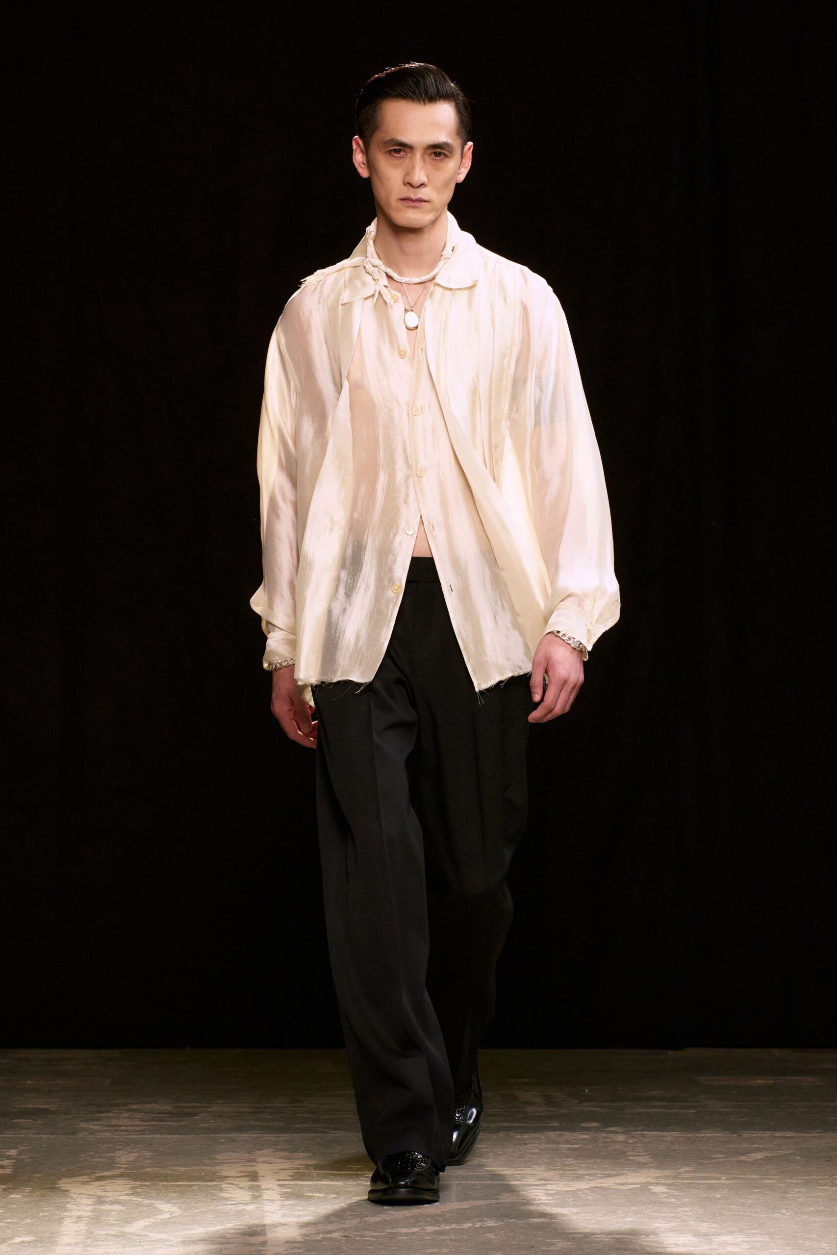 white silk long-sleeve collared relaxed pleated flowing shirt
