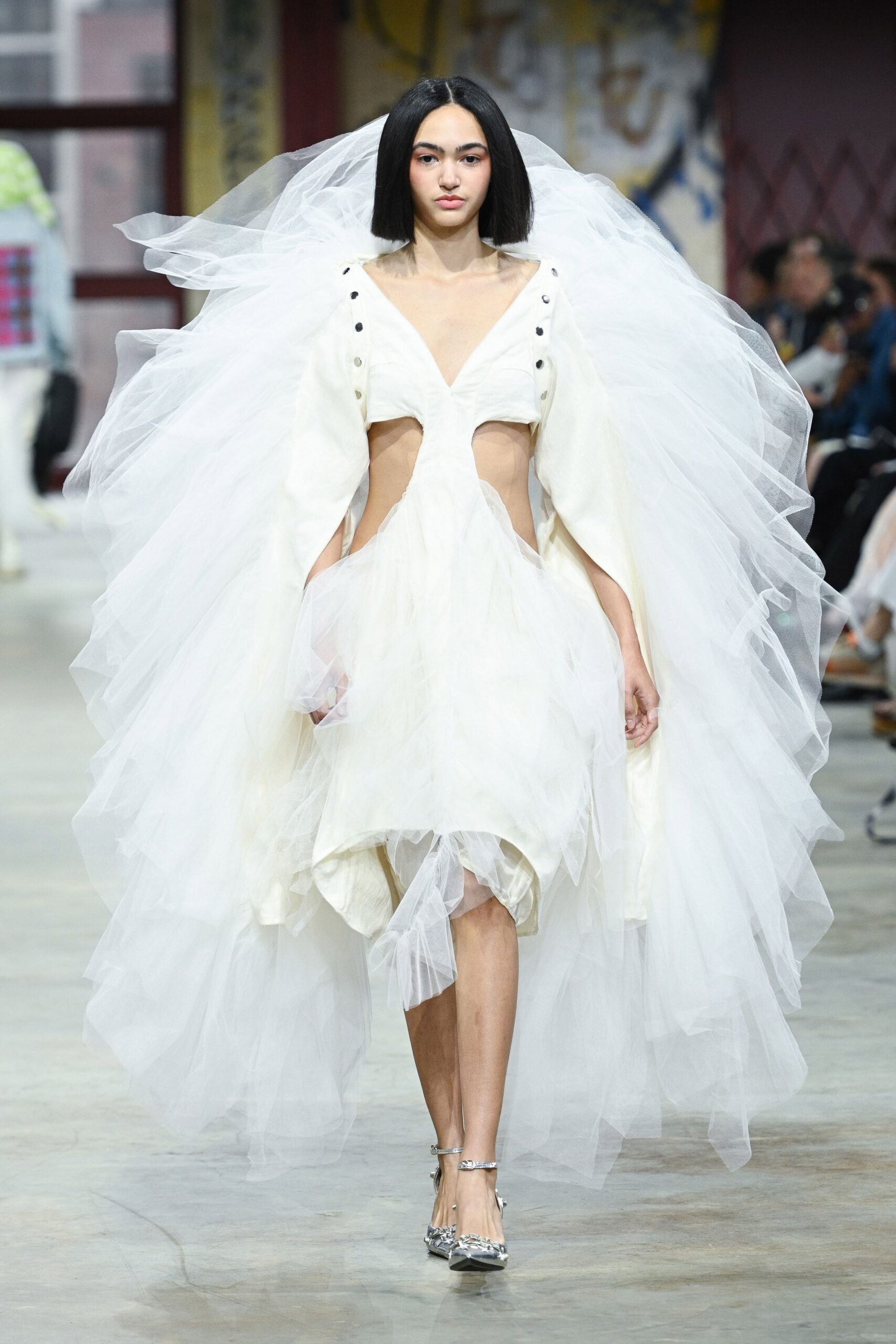 white tulle sleeveless v-neck fitted draped layered dress