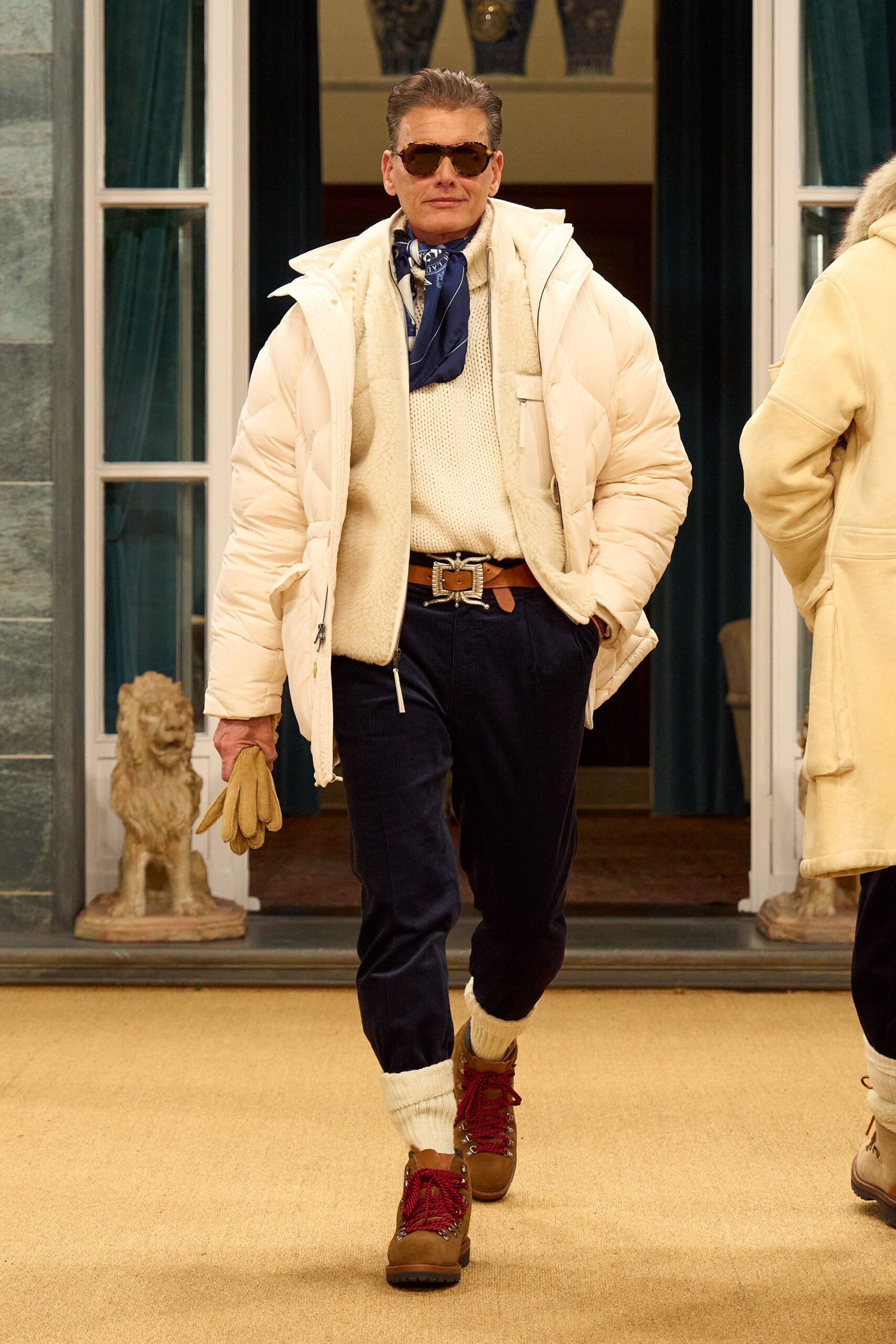 relaxed white jacket with cream sweater