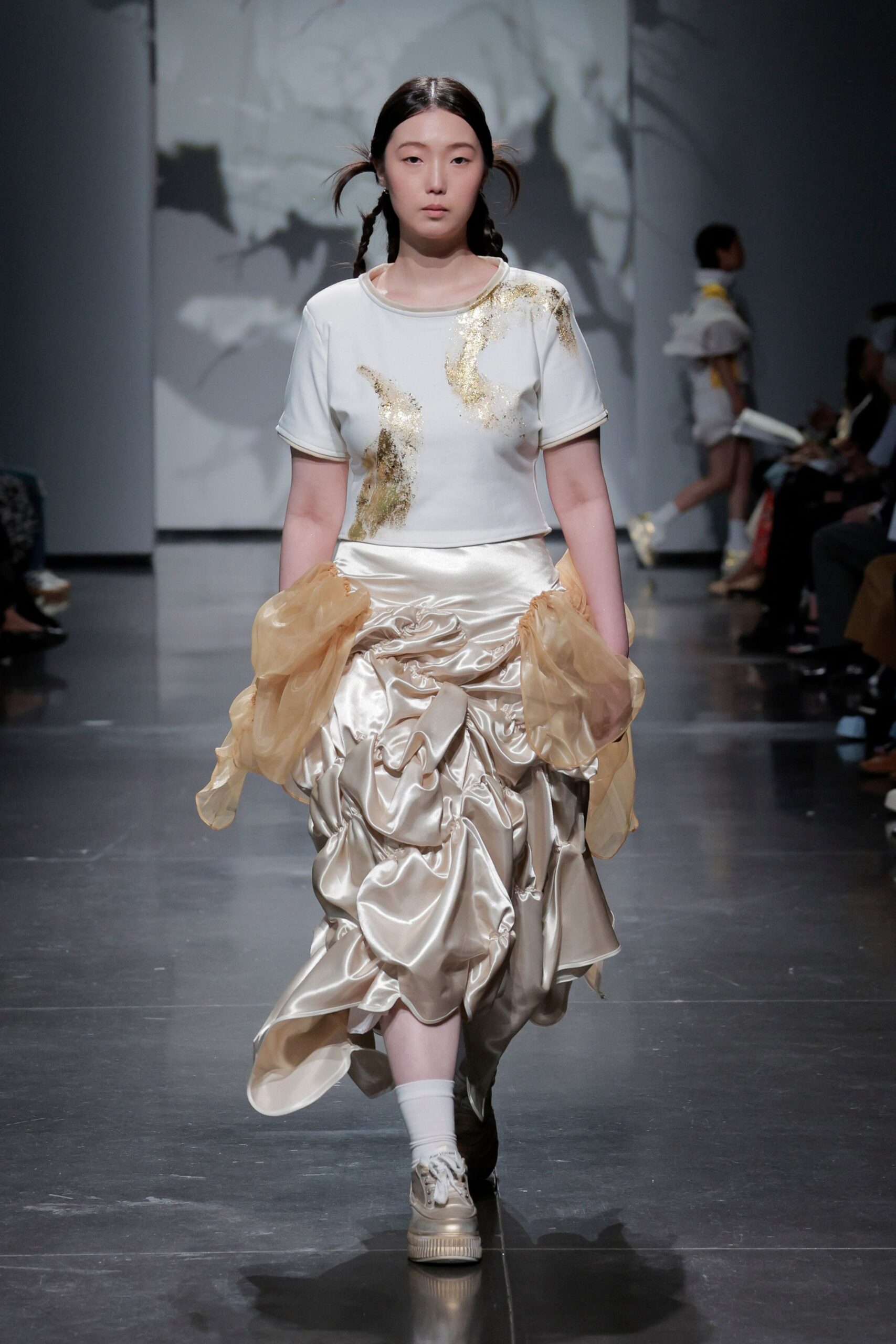 gold silk asymmetric fitted layered flowing skirt
