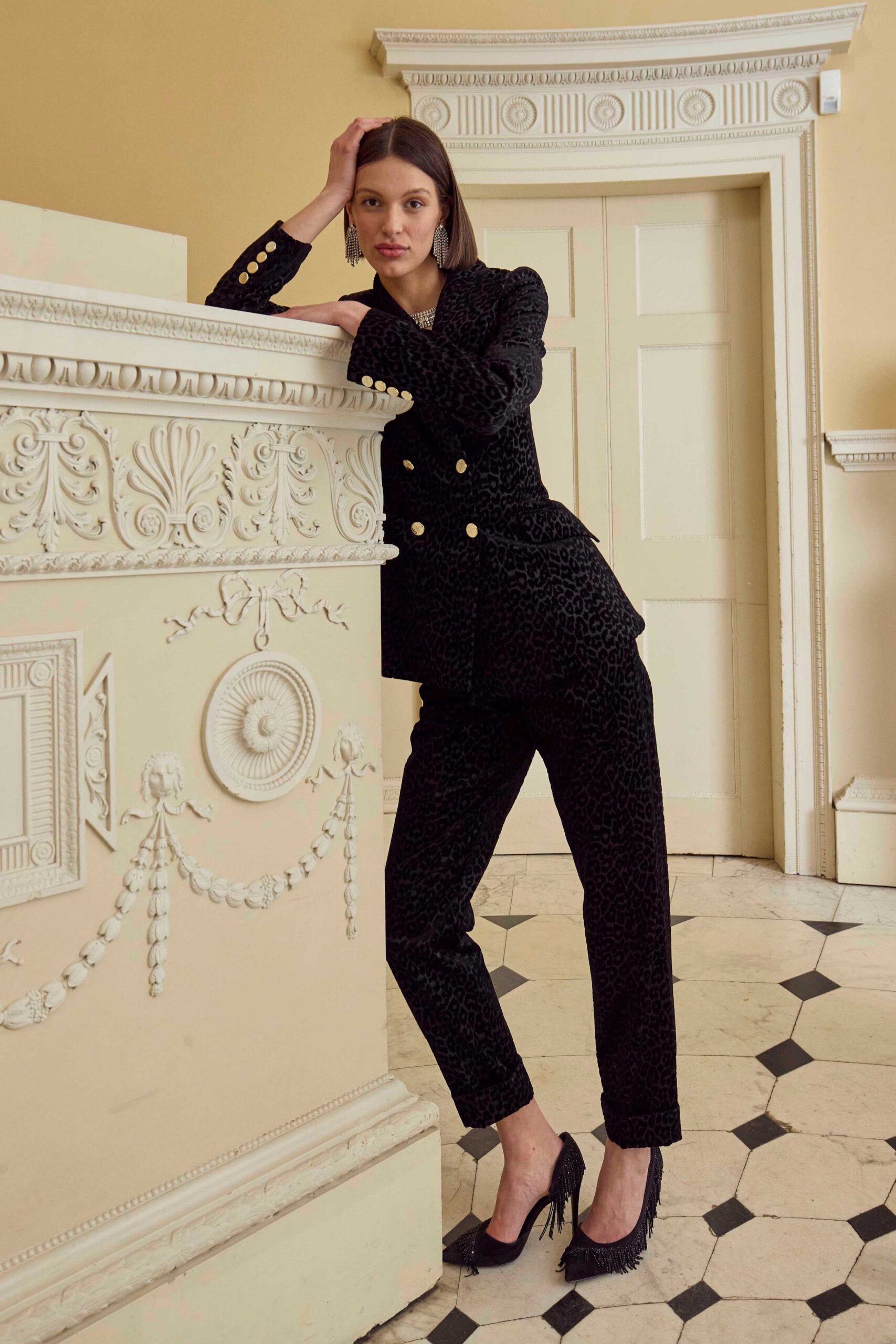 black velvet tailored blazer and pants