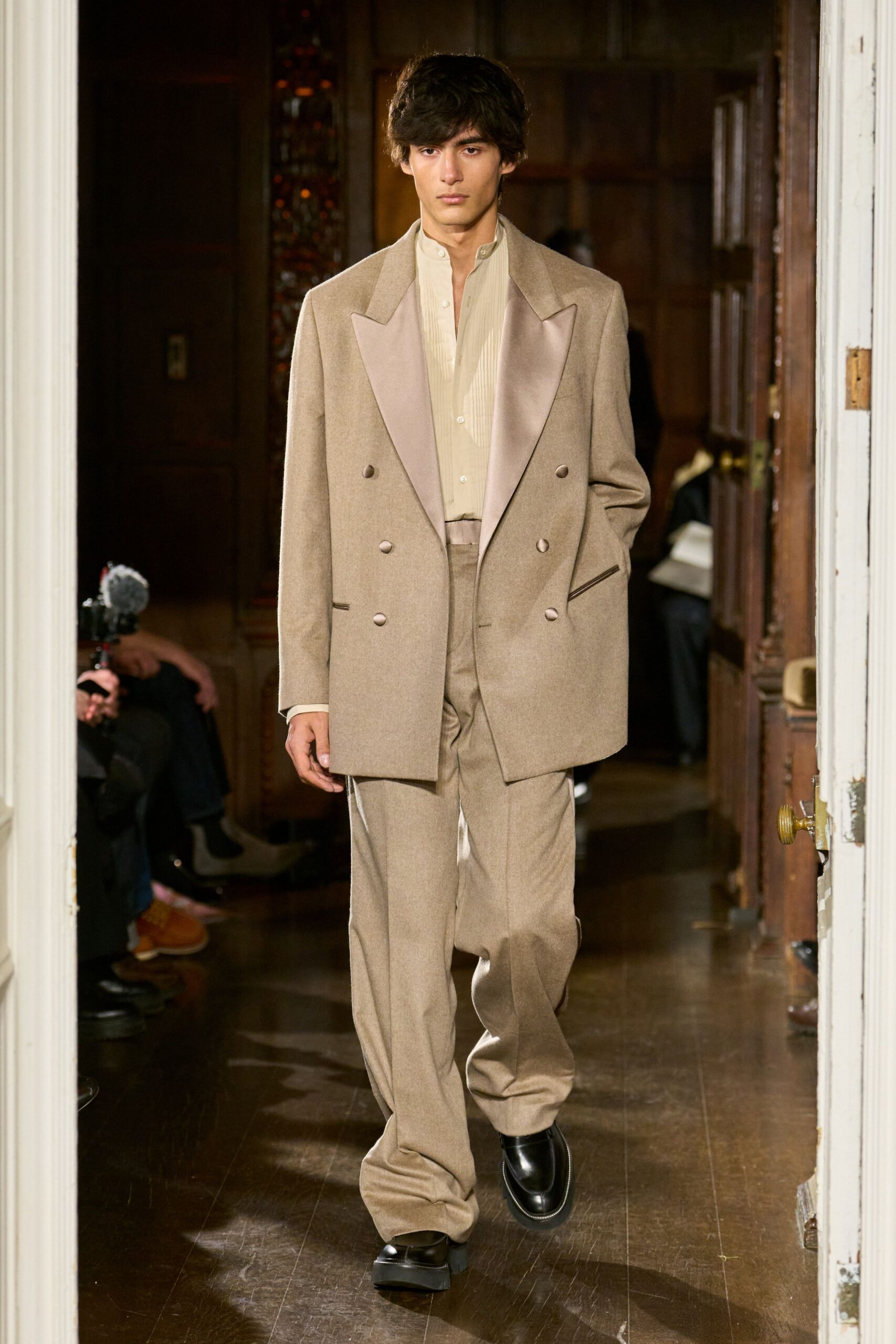 beige wool long-sleeve collared tailored suit