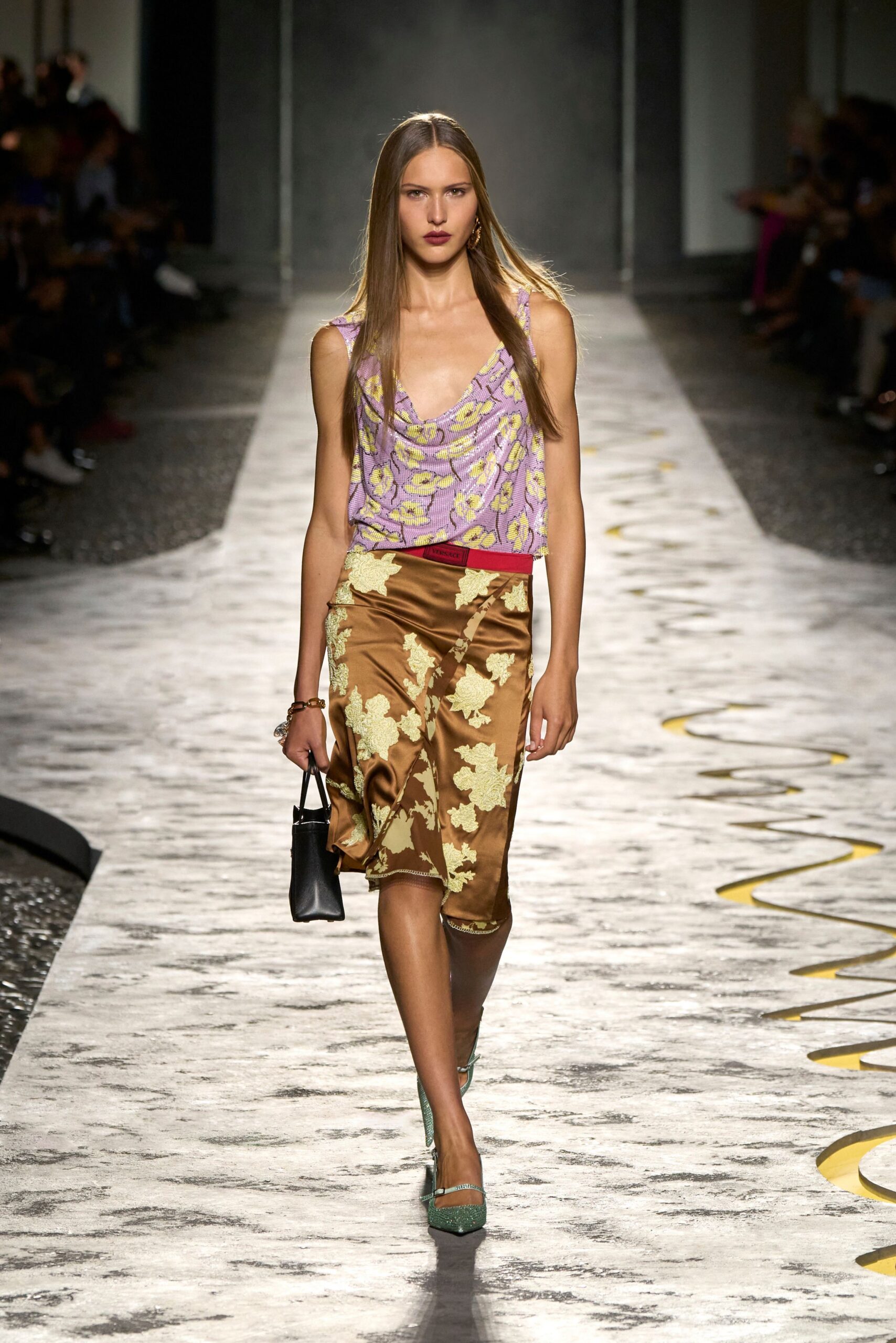 brown silk fitted flared skirt