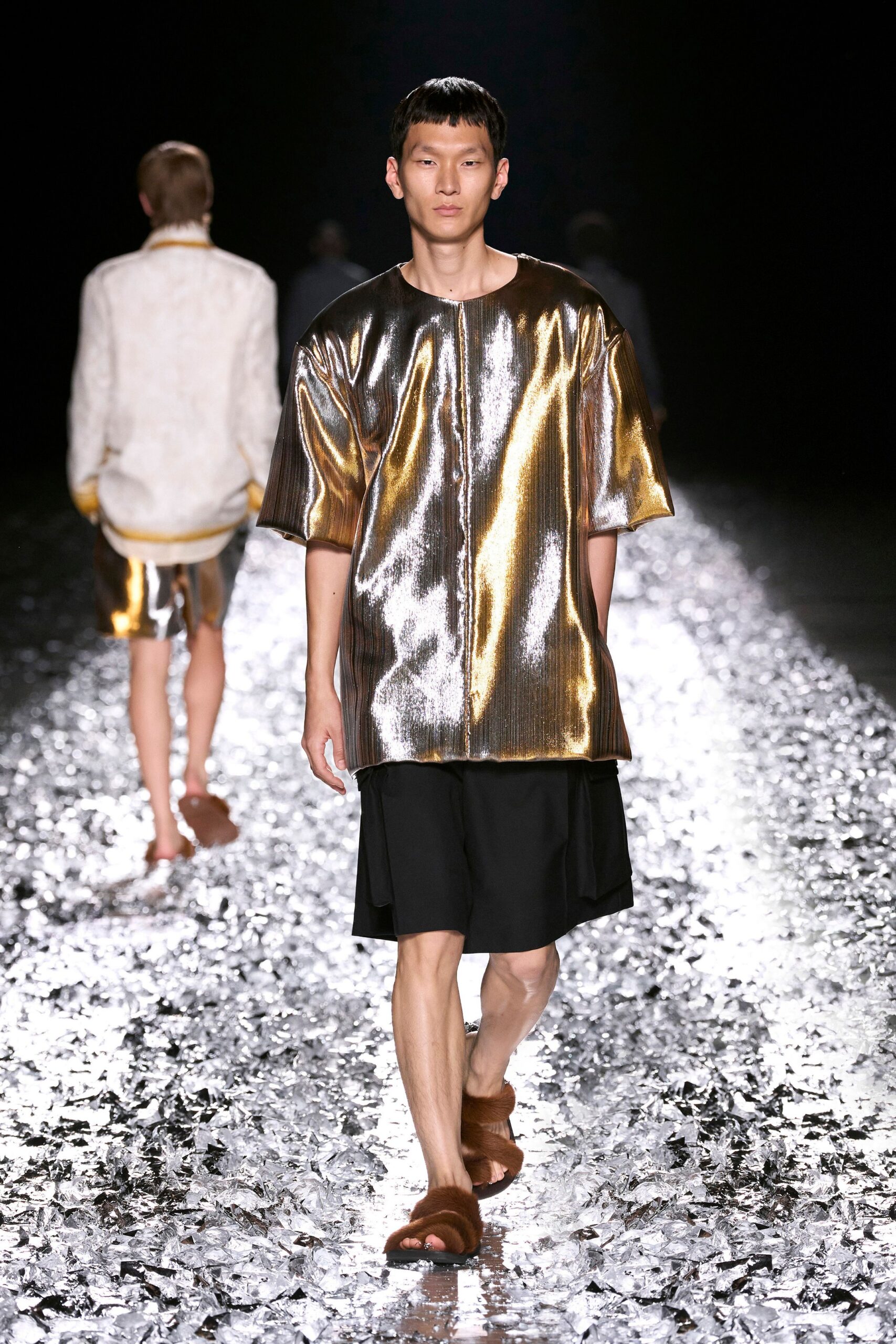 gold metallic short-sleeve collared relaxed zippered shiny top