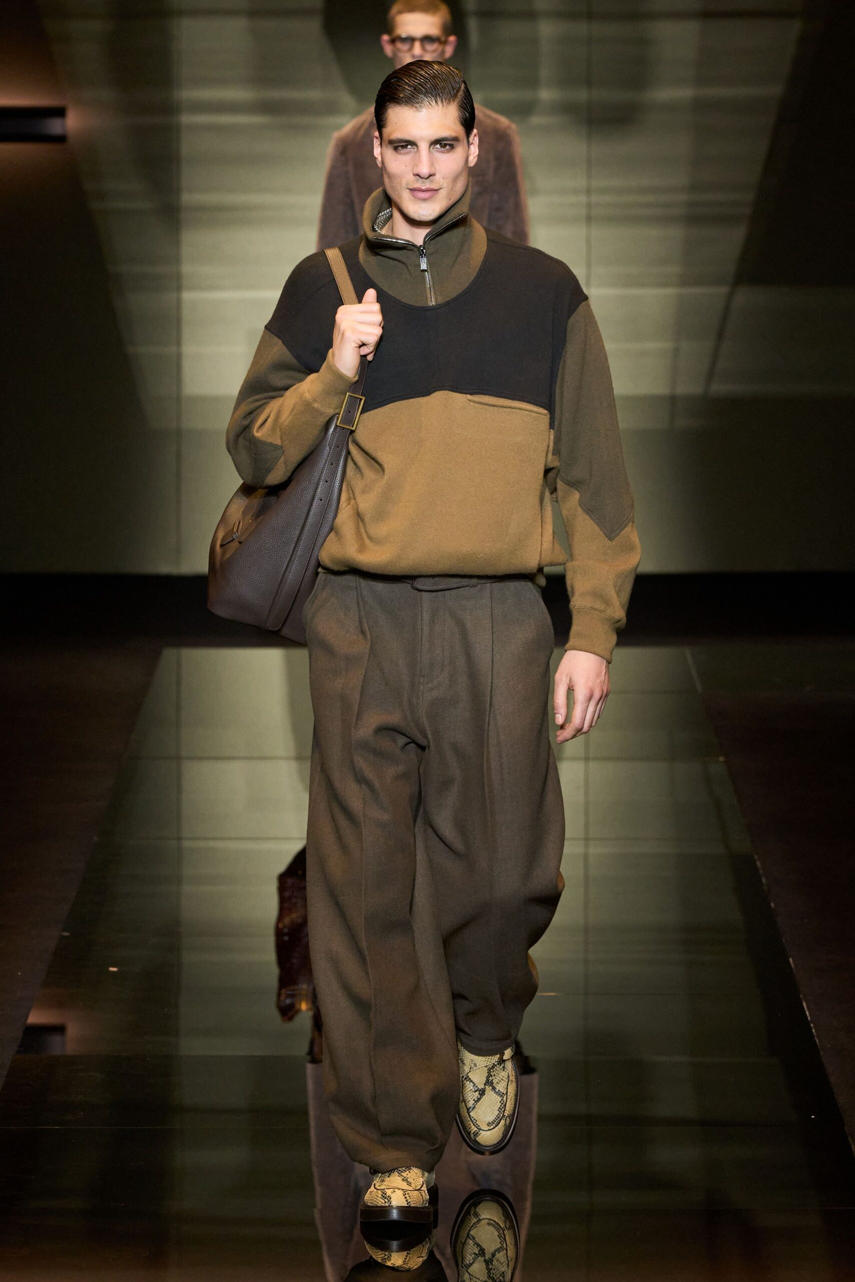 brown color-blocked hoodie with relaxed pants