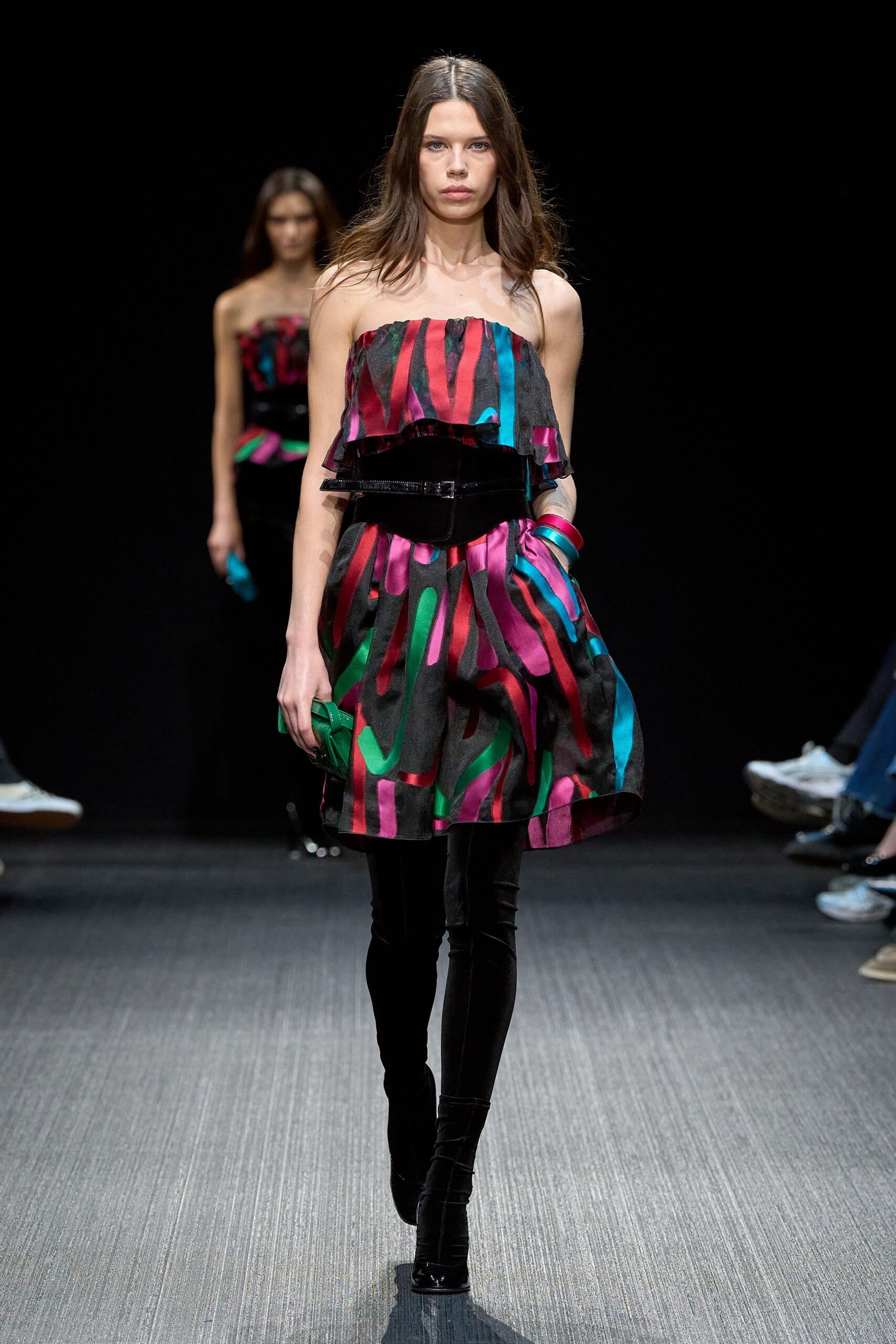 black silk strapless fitted pleated color-blocked mini dress