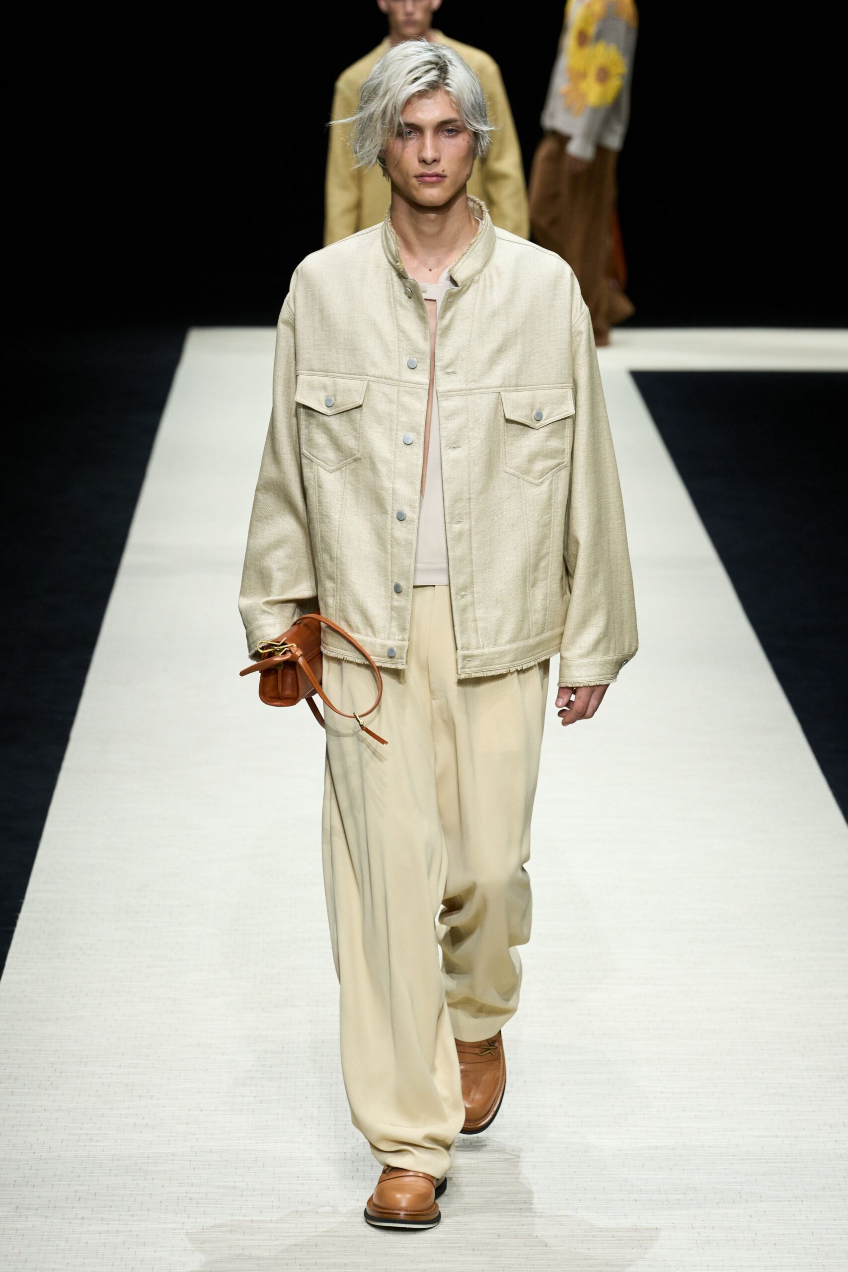 beige jacket cream pants brown shoes