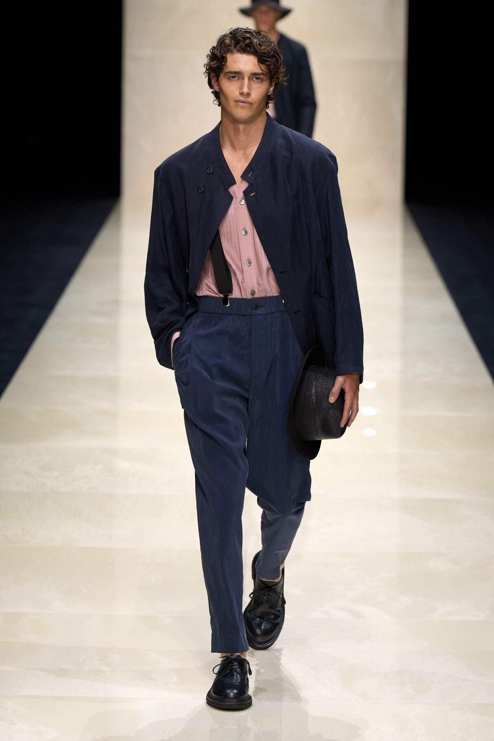 navy relaxed jacket with pink shirt