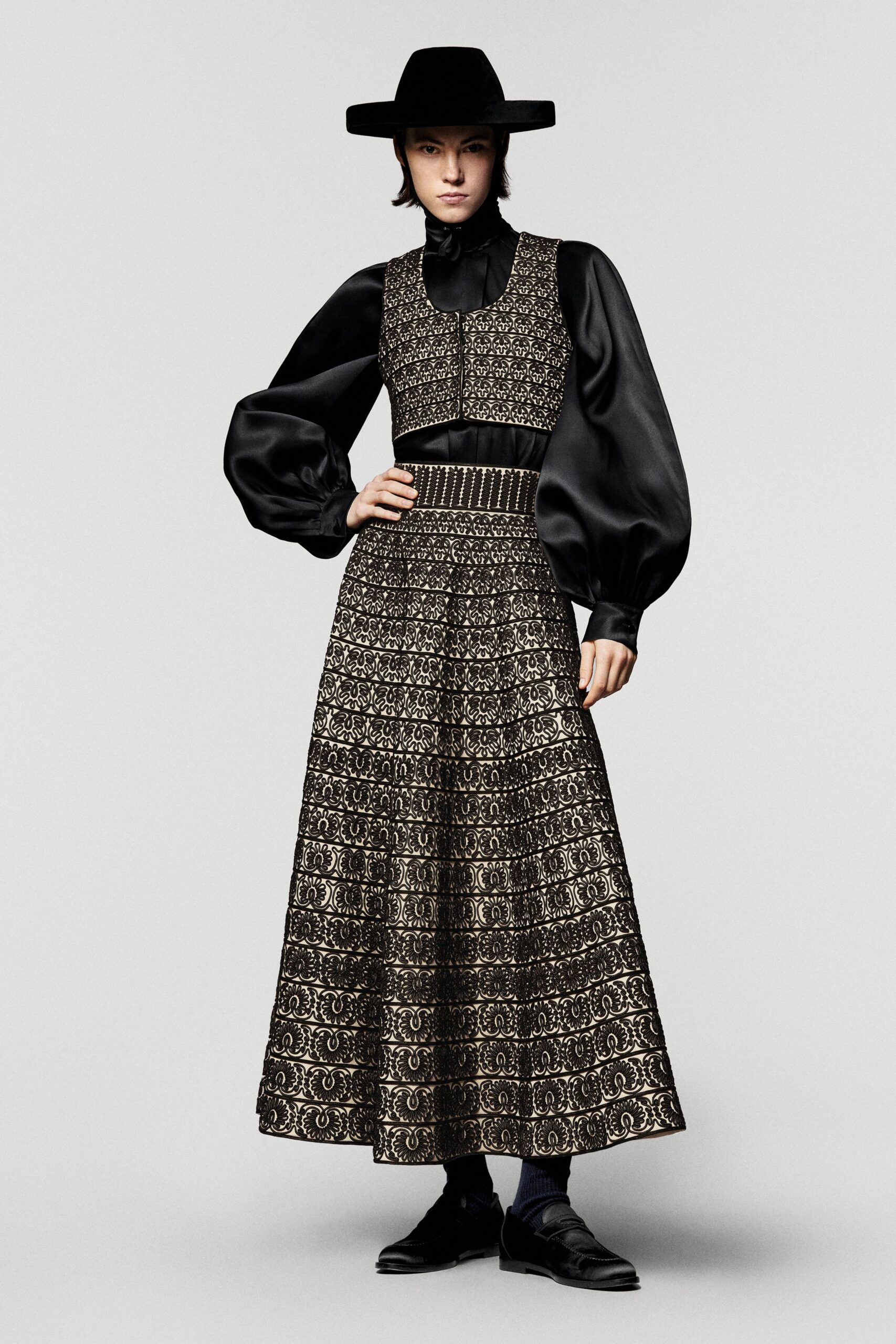 black silk long-sleeve collared fitted pleated embroidered dress