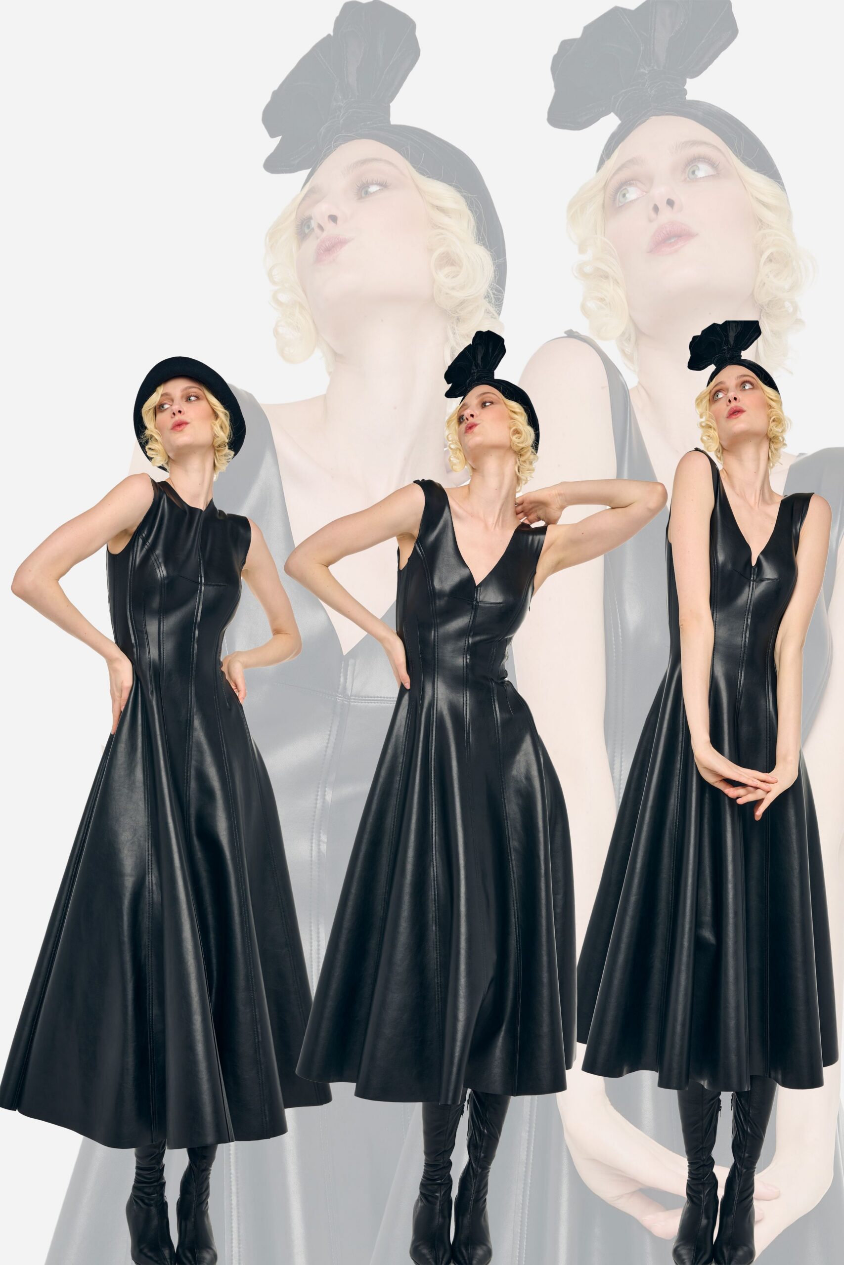 black leather midi dress and hat