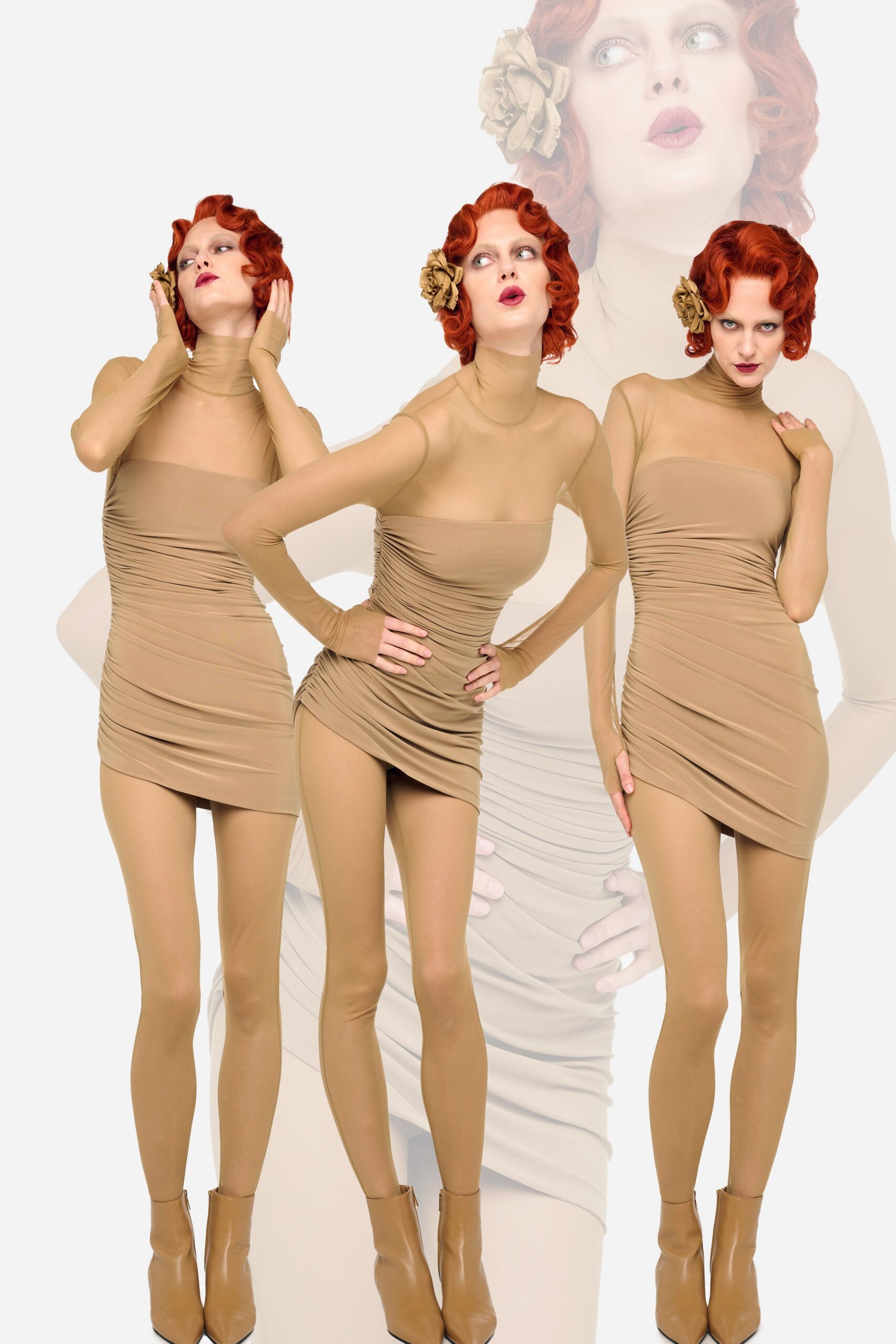 fitted beige mini dress with brown shoes