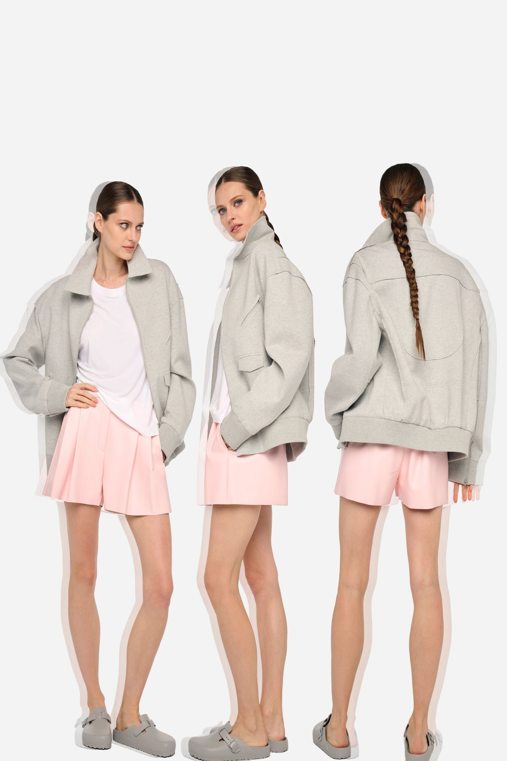 gray oversized jacket with pink shorts