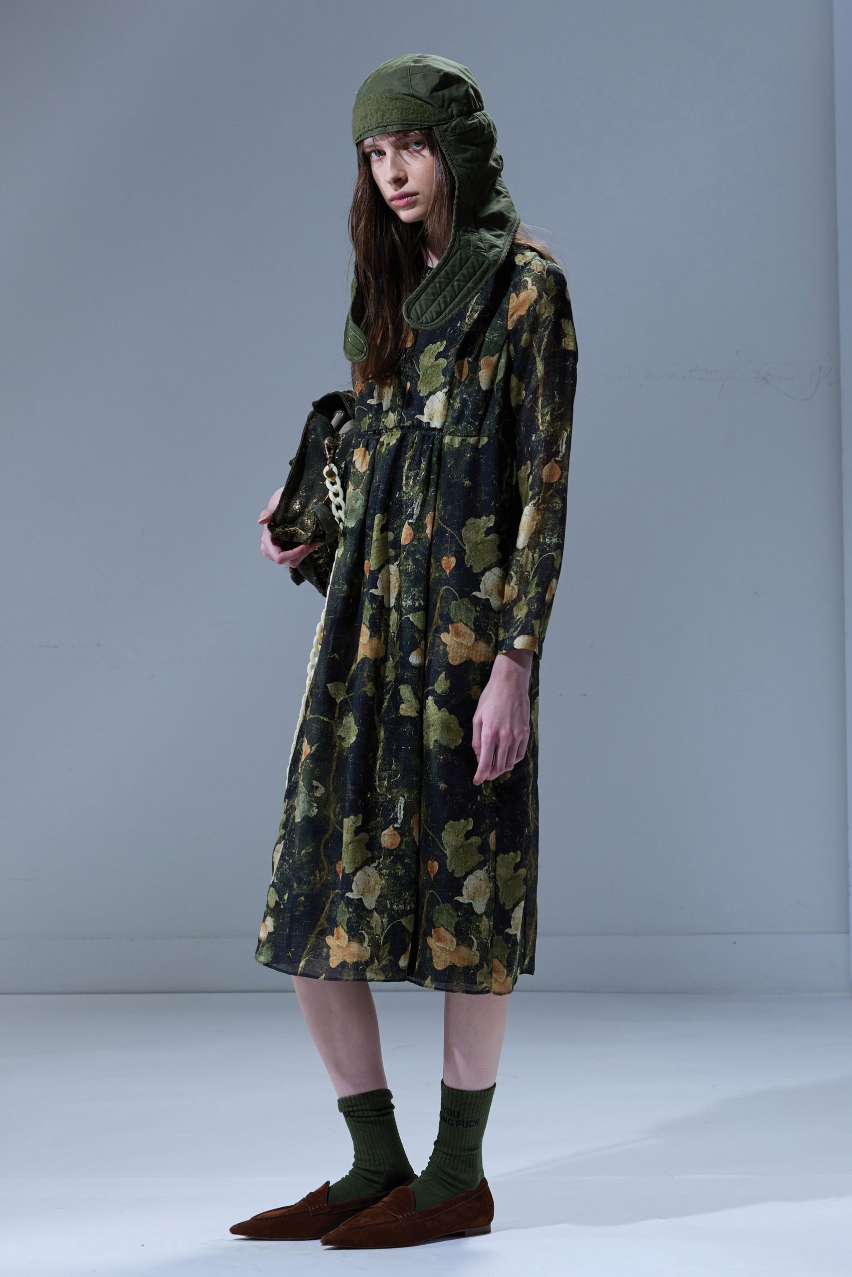 green cotton long-sleeve collared relaxed floral tiered dress