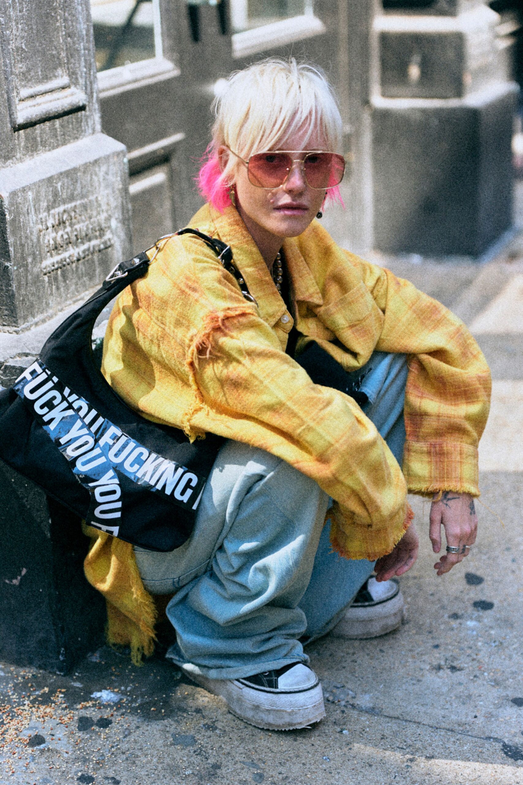 yellow cotton long-sleeve collared oversized fringed jacket