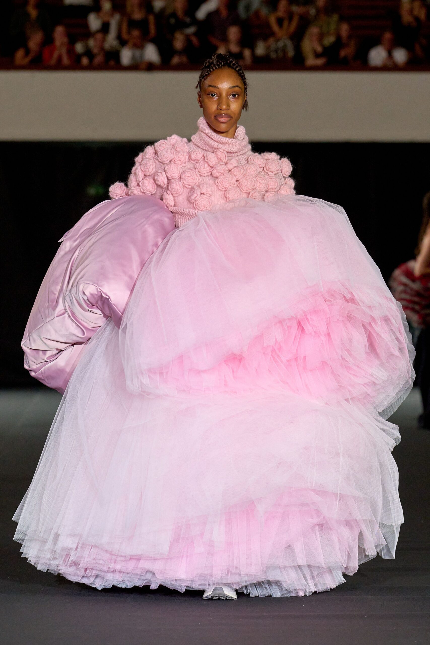 pink tulle sleeveless high-neck fitted layered pleated gown