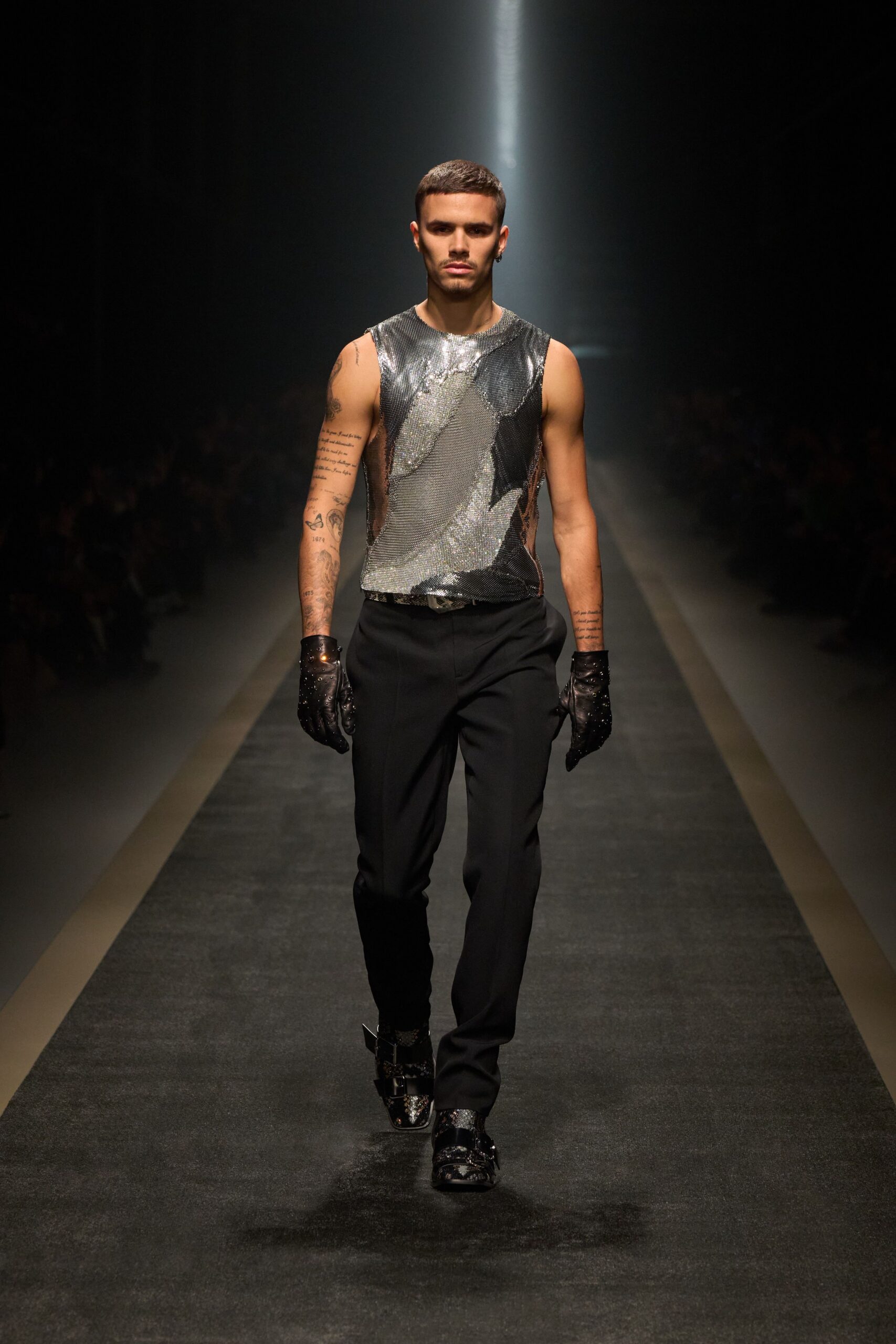 fitted metallic top with slim pants