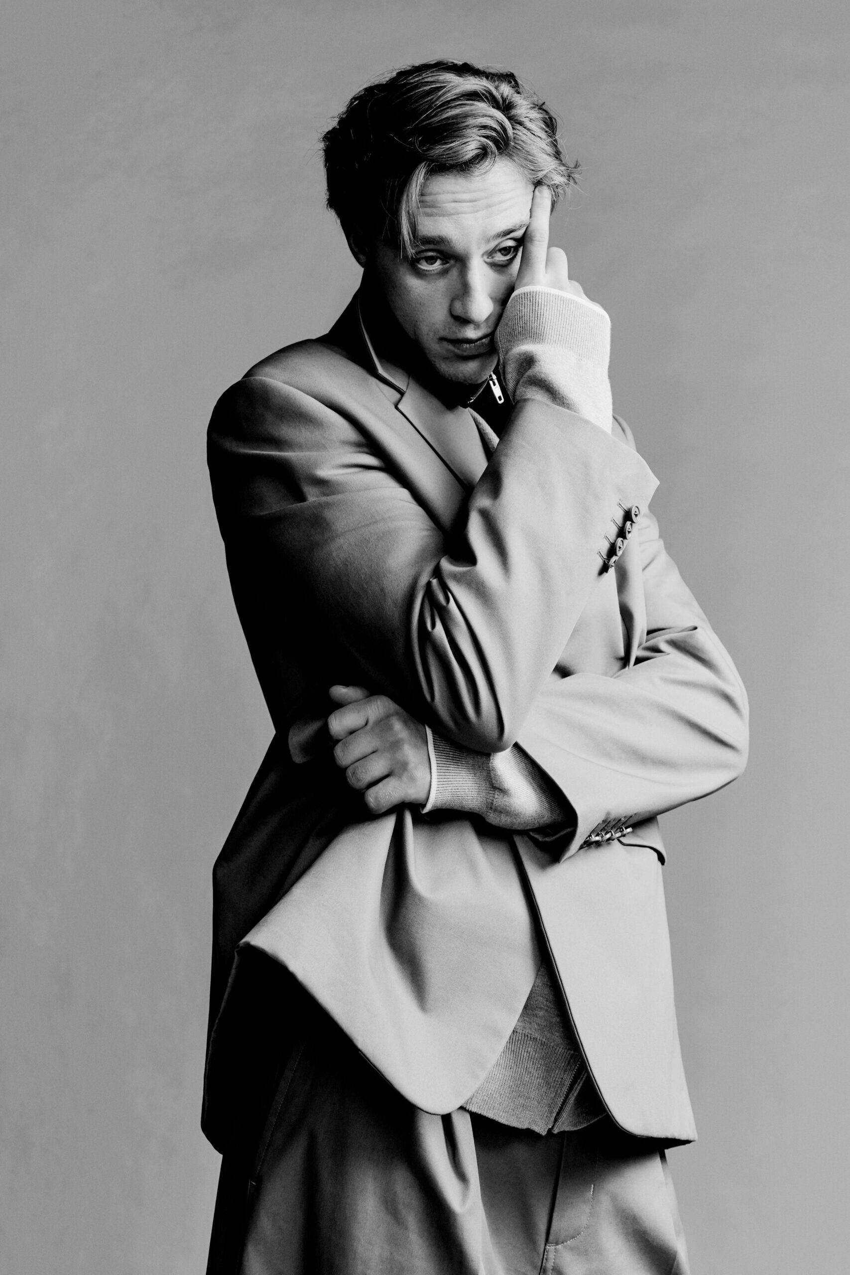 beige tailored suit