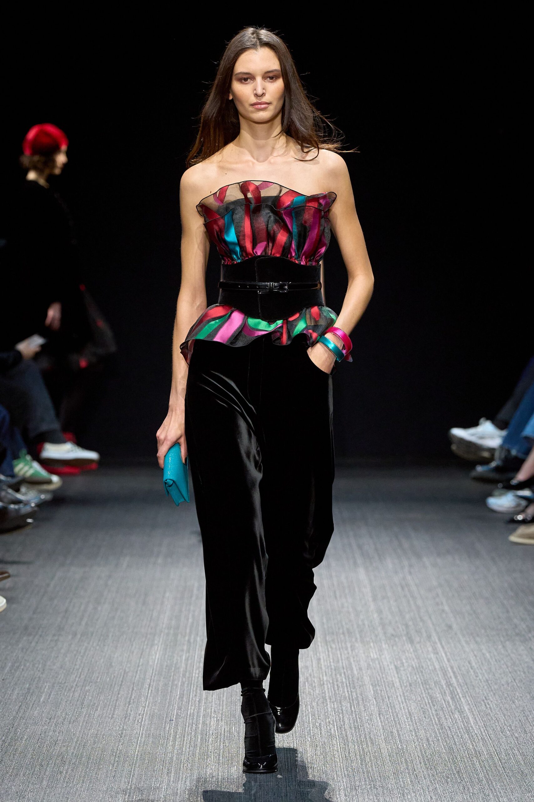 red silk strapless fitted ruffled top