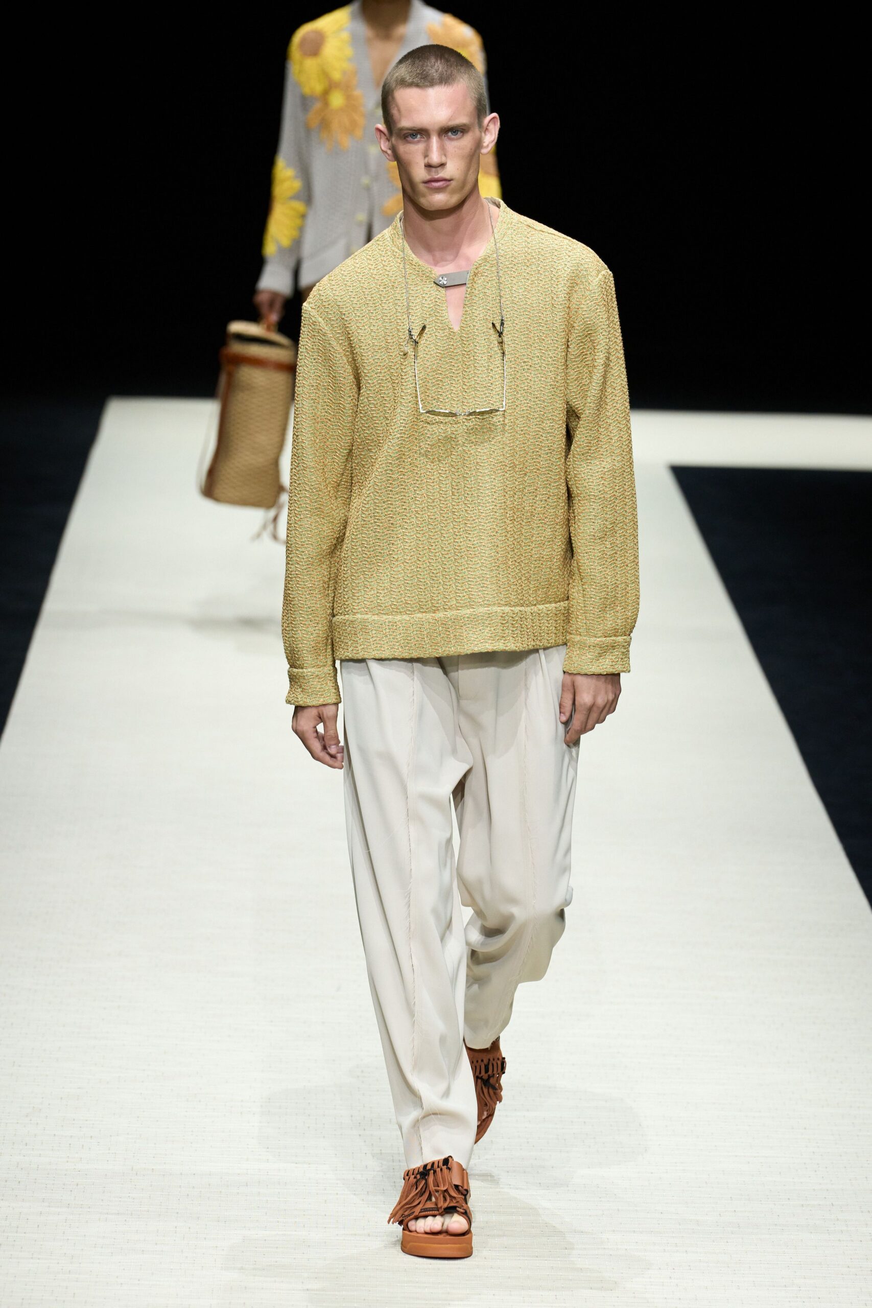 yellow cotton long-sleeve collared relaxed textured top