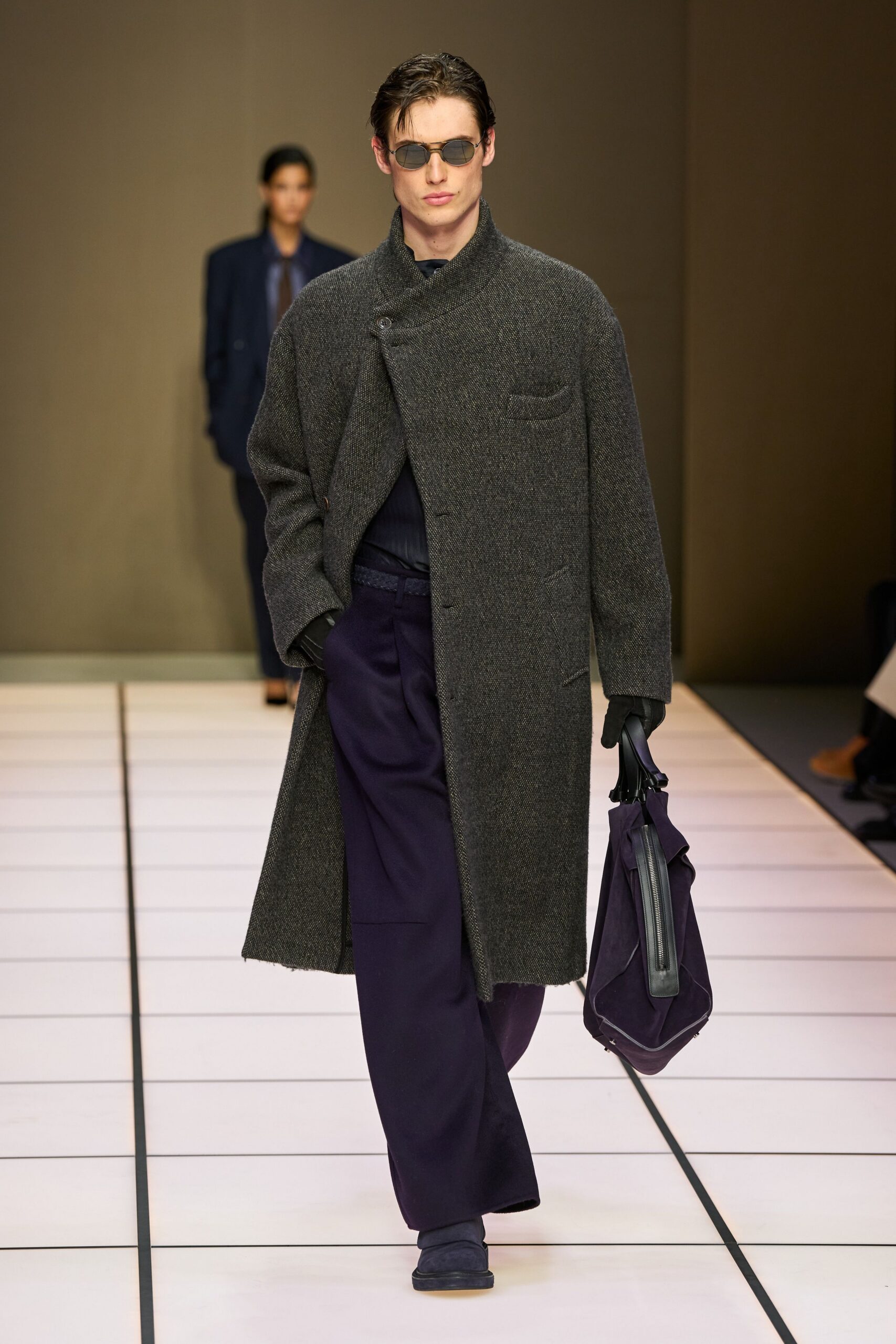 gray wool coat with navy pants