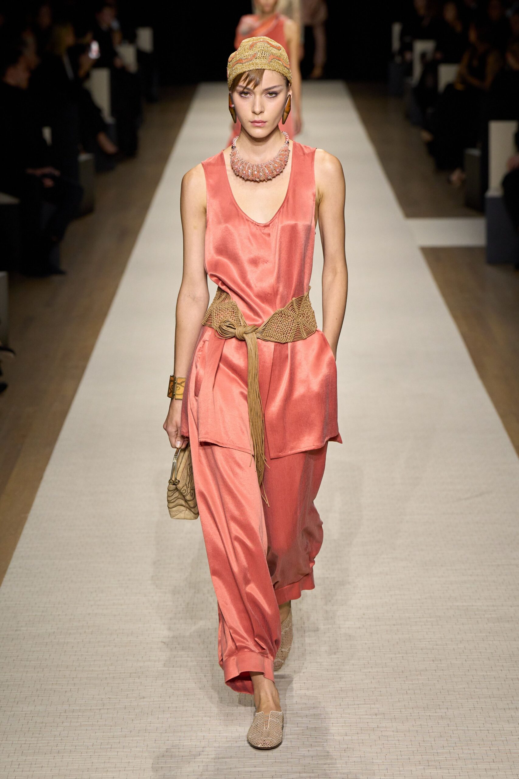 pink silk sleeveless v-neck relaxed belted jumpsuit