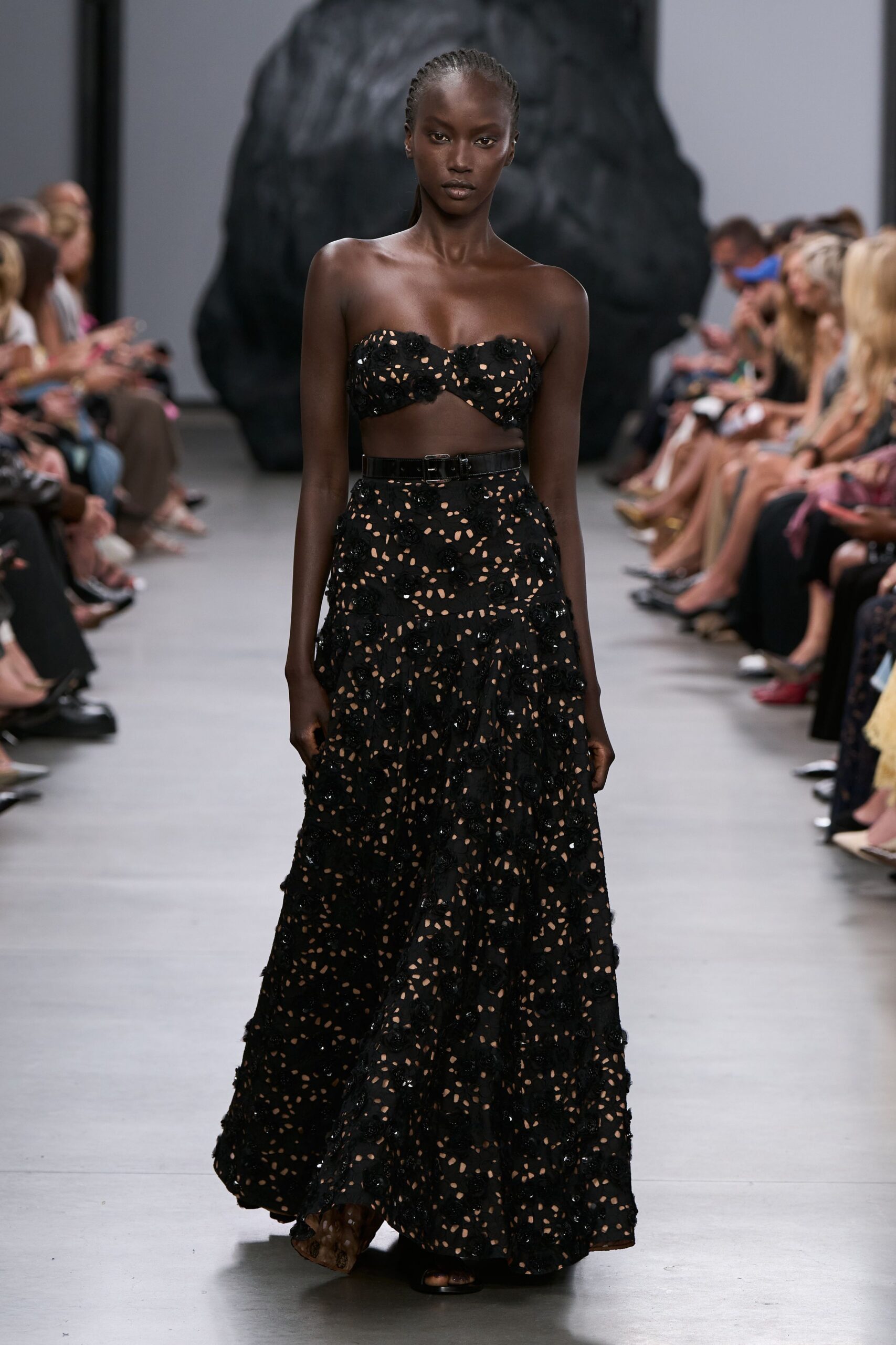 black silk sleeveless strapless fitted embellished short crop-top