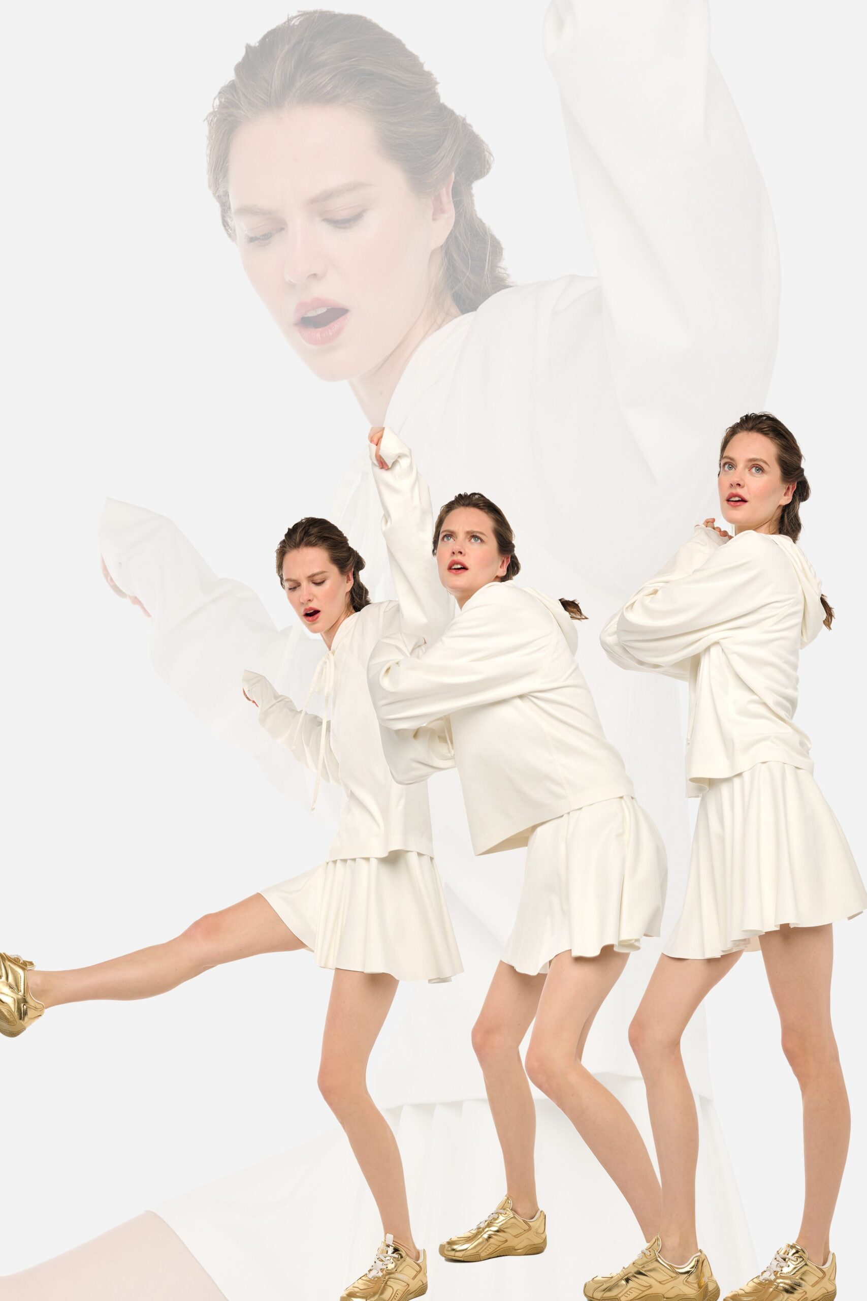 white hoodie mini skirt gold shoes