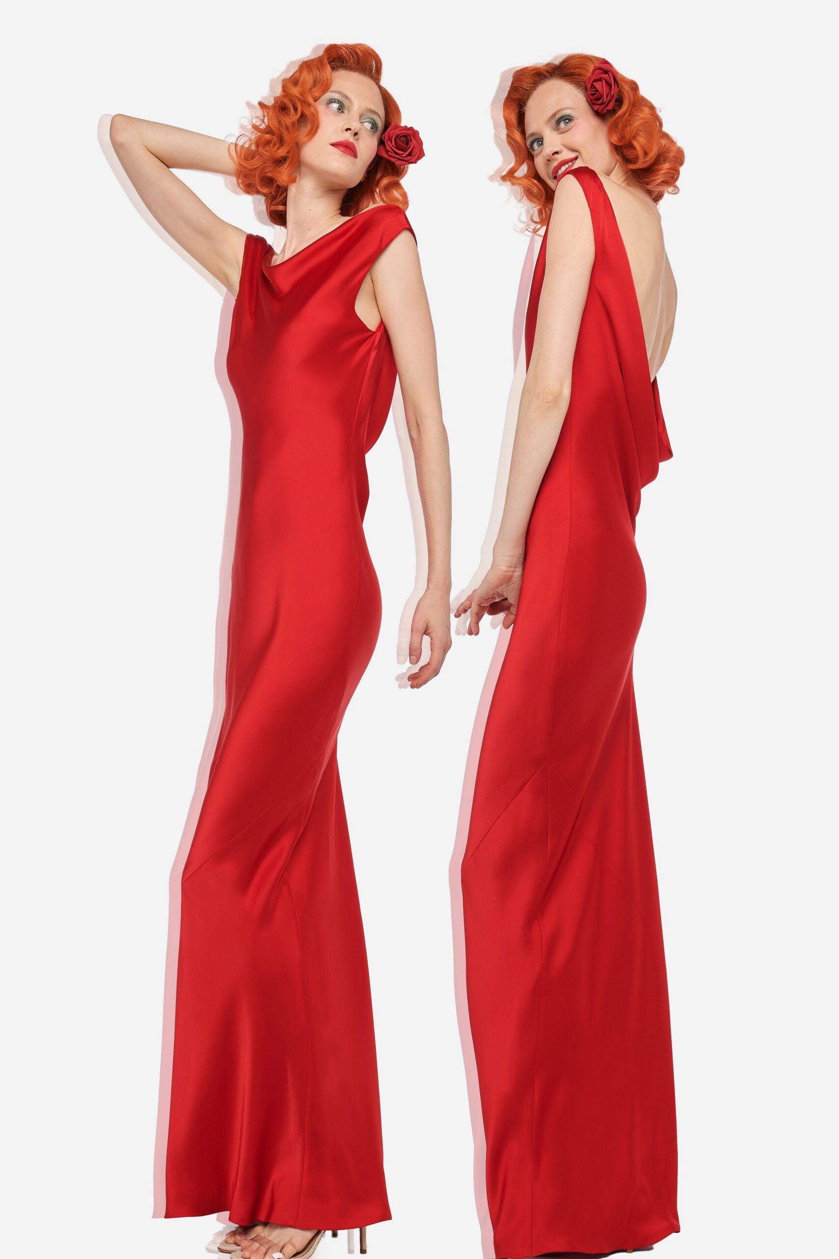 red silk sleeveless gown