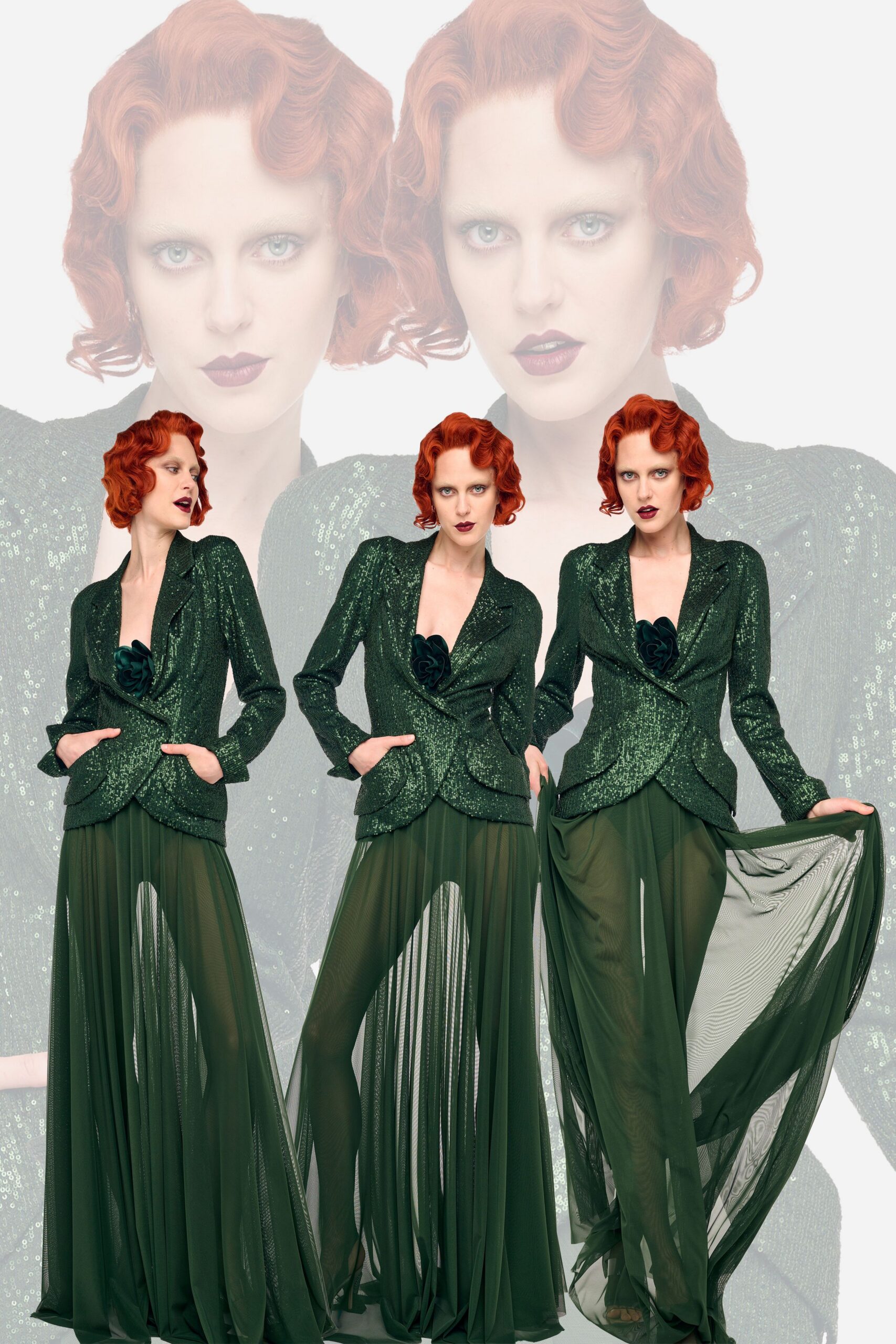 green chiffon sleeveless relaxed layered flowing pants