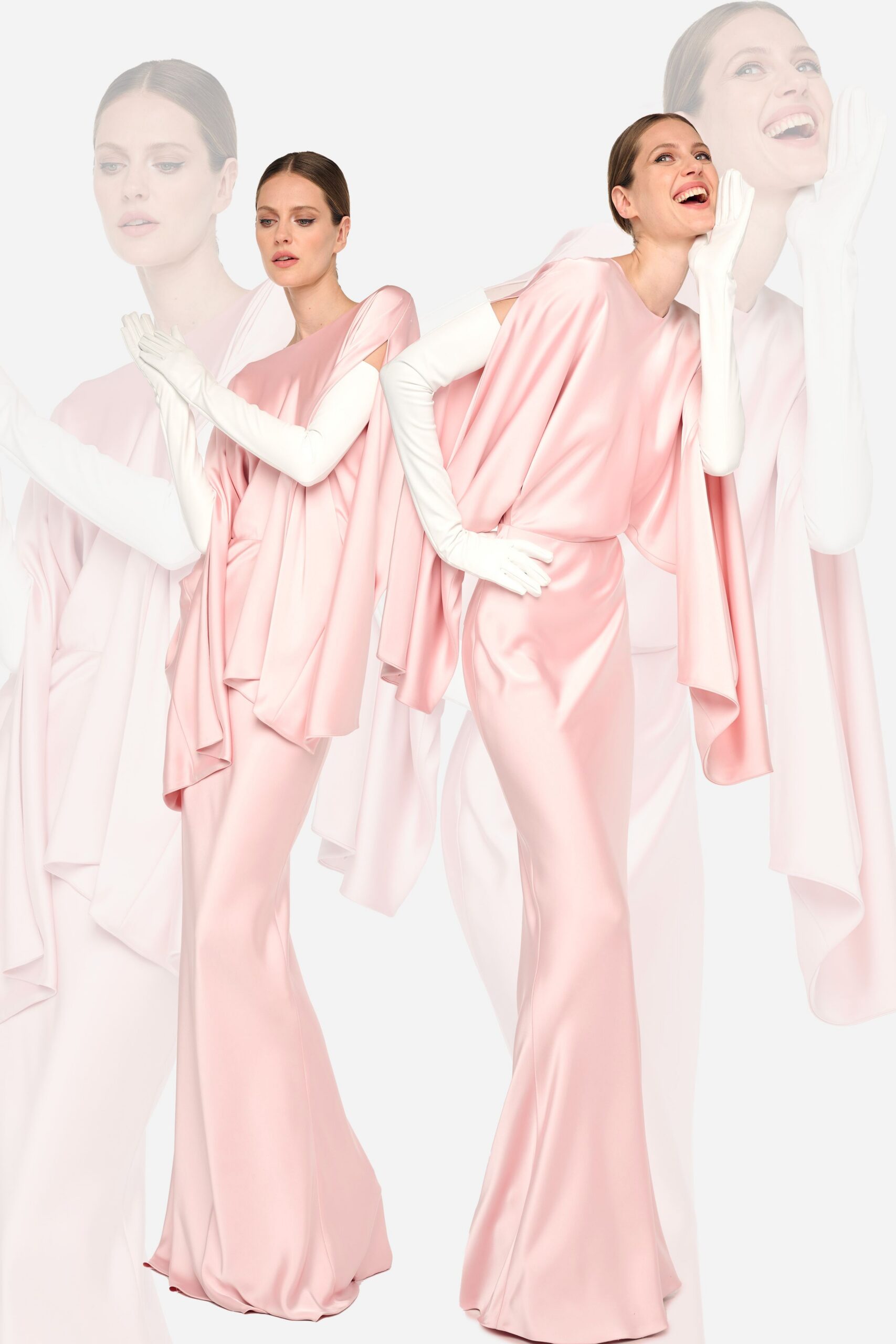 pink satin gown with gloves