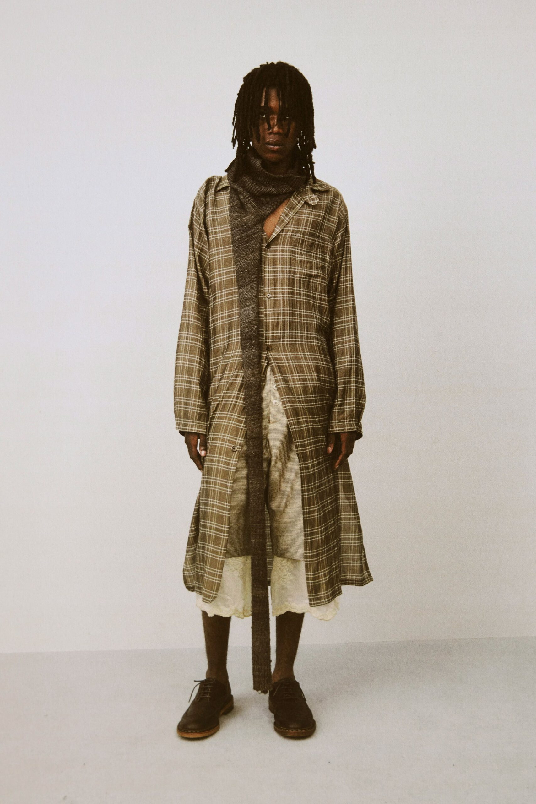 brown checked shirt-dress with shorts