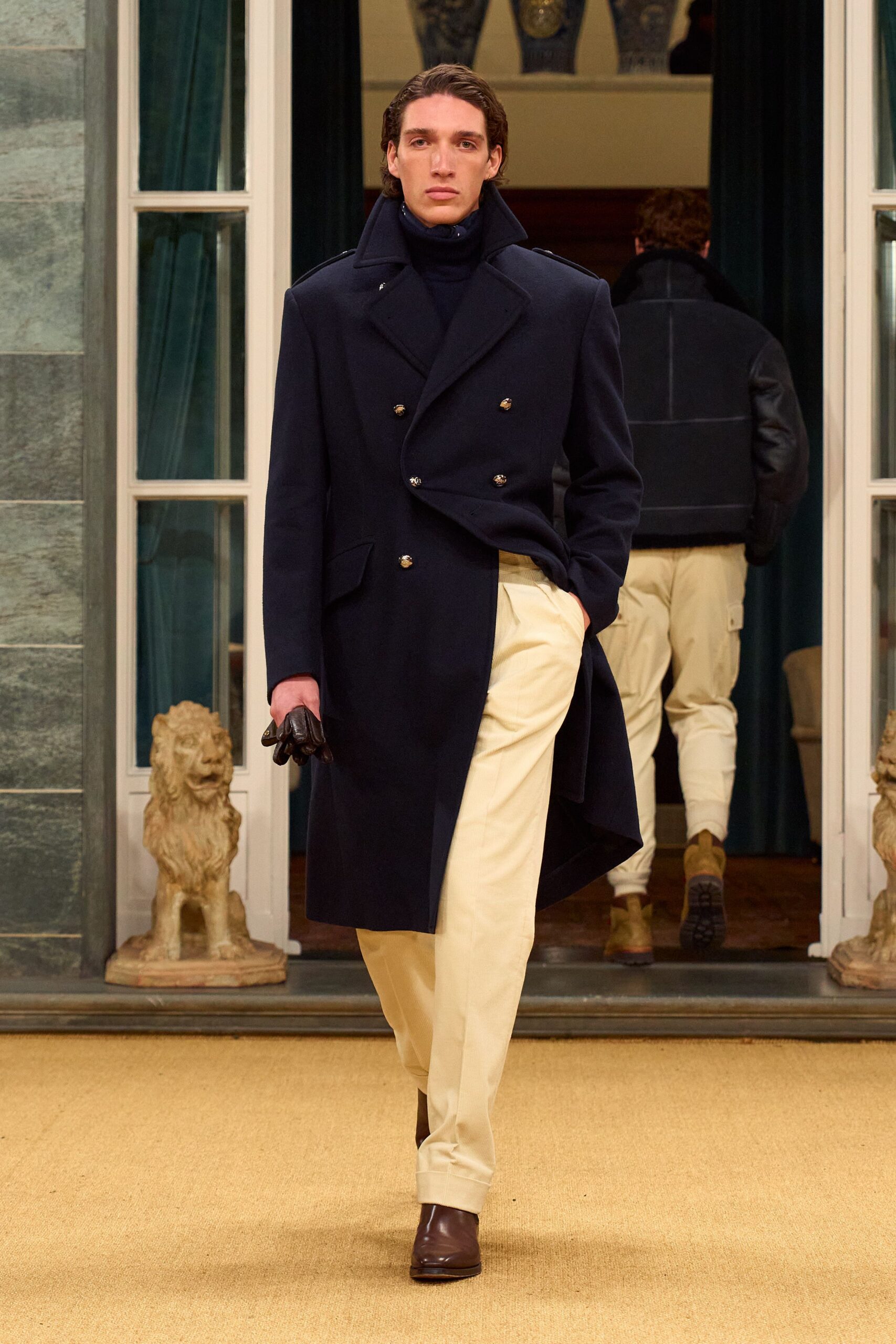 blue wool long-sleeve double-breasted structured coat