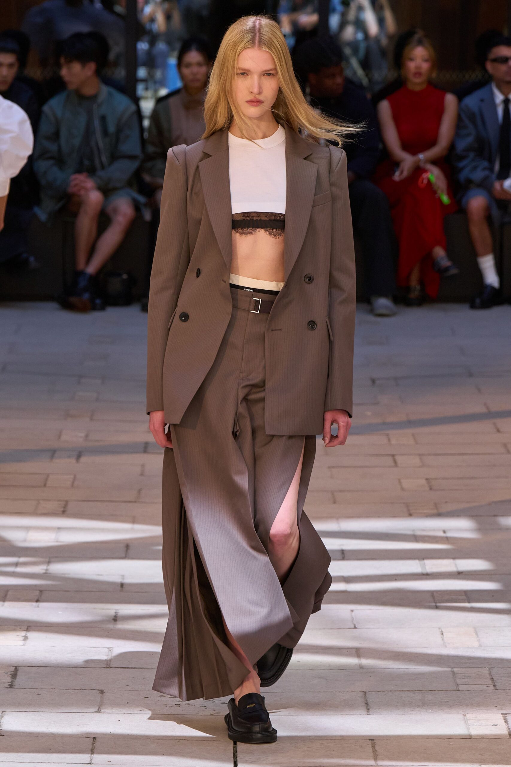 brown tailored blazer with white top