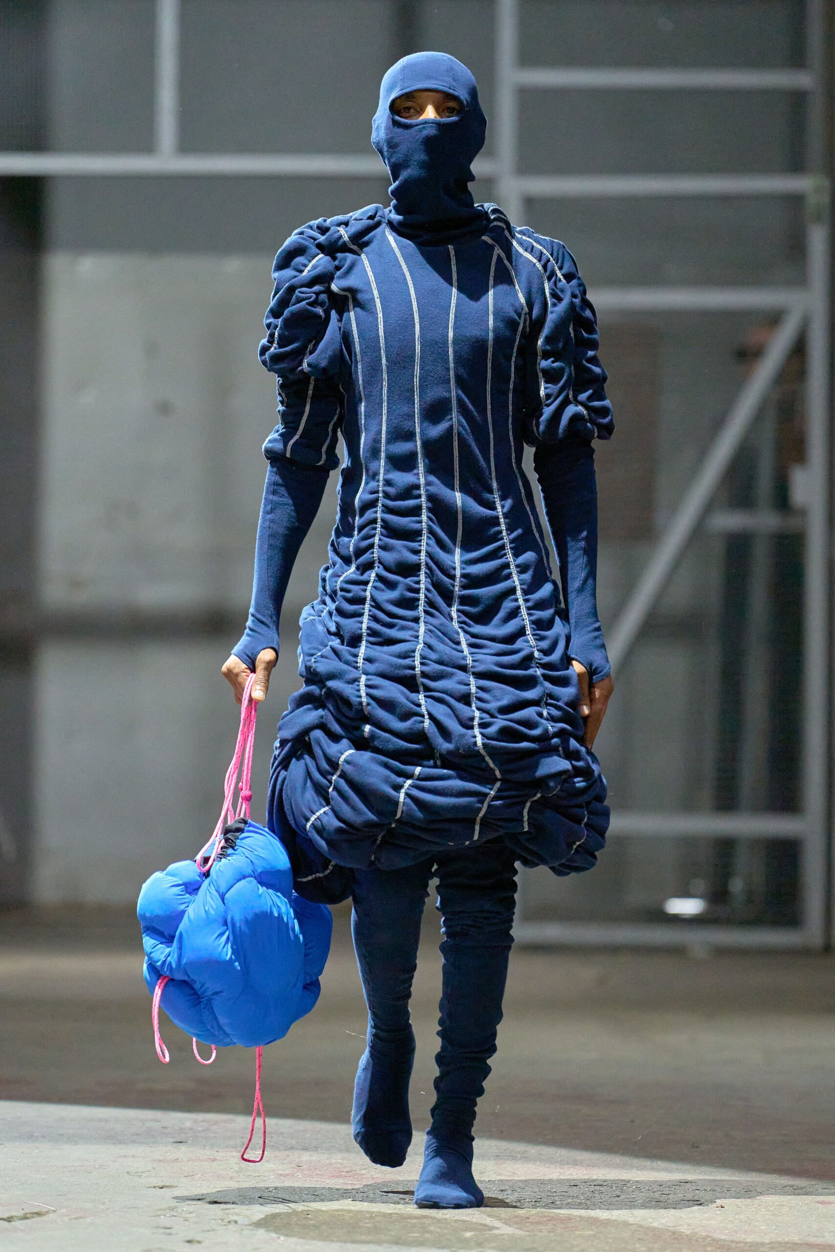 blue cotton long-sleeve high-neck fitted ruched layered dress