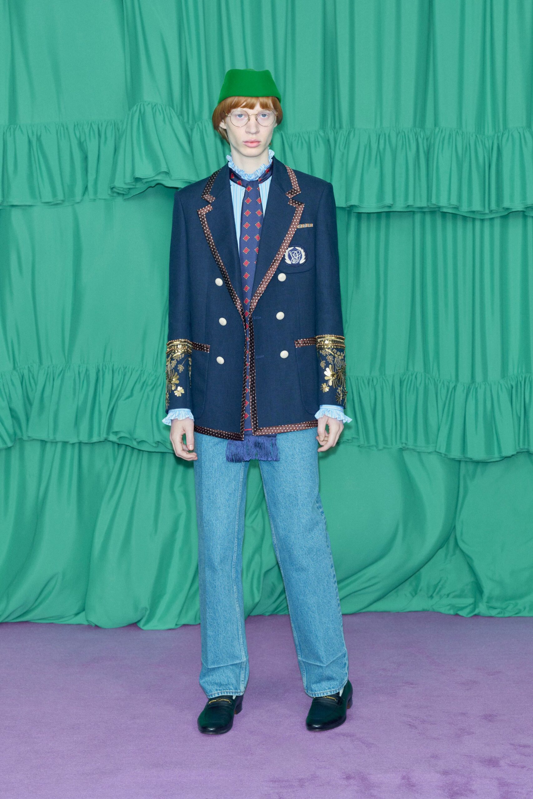 blue cotton long-sleeve collared tailored buttoned embroidered blazer