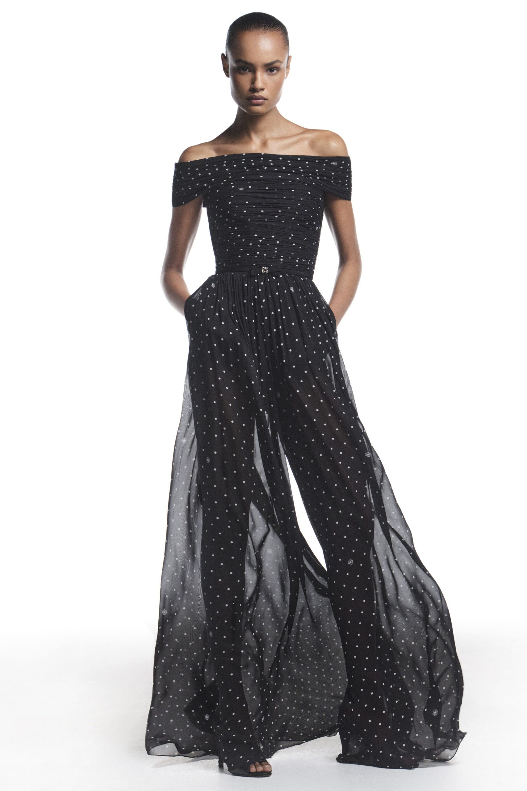 black off-shoulder pleated jumpsuit