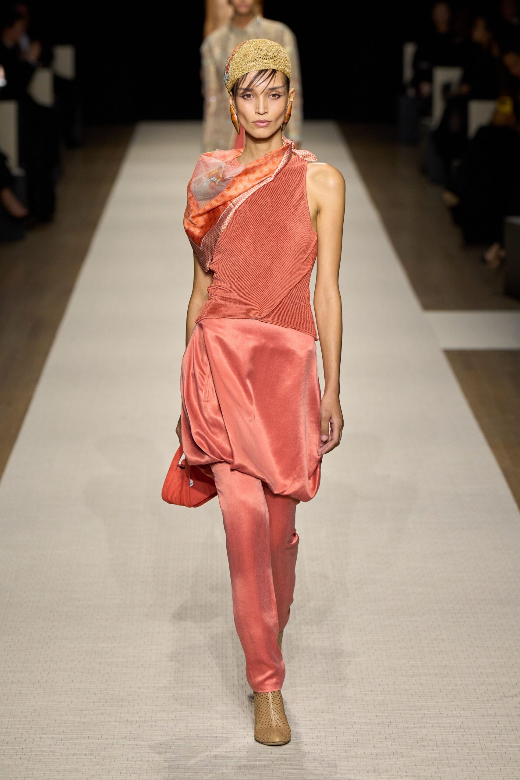 orange silk asymmetric sleeveless fitted draped top