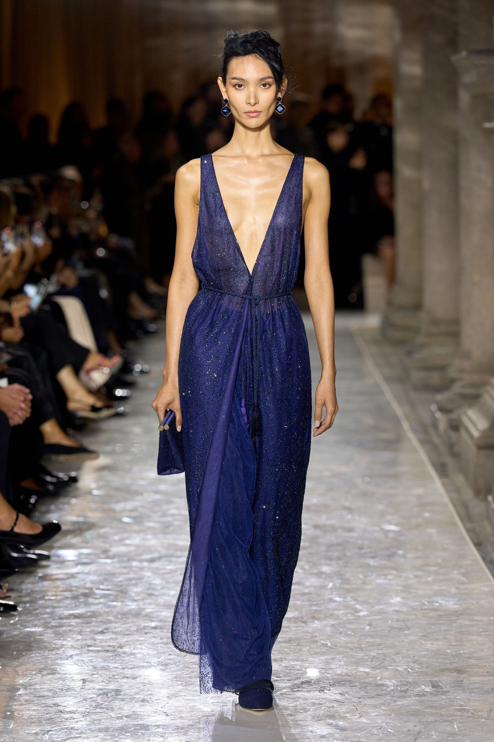 blue silk sleeveless gown