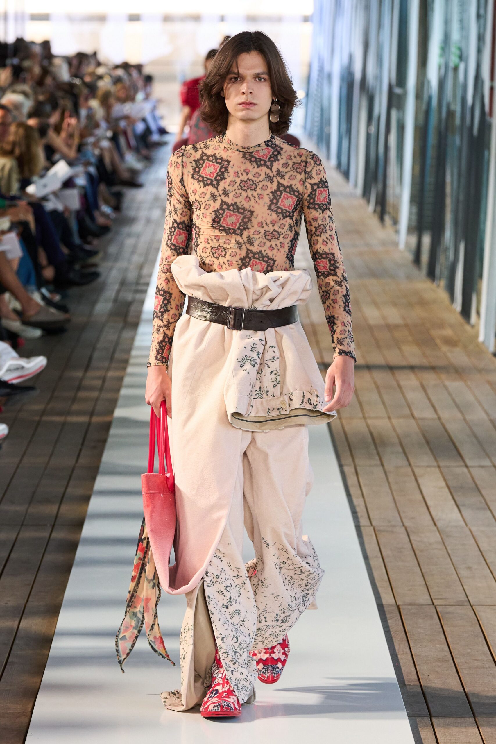 beige printed long-sleeve top with relaxed pants