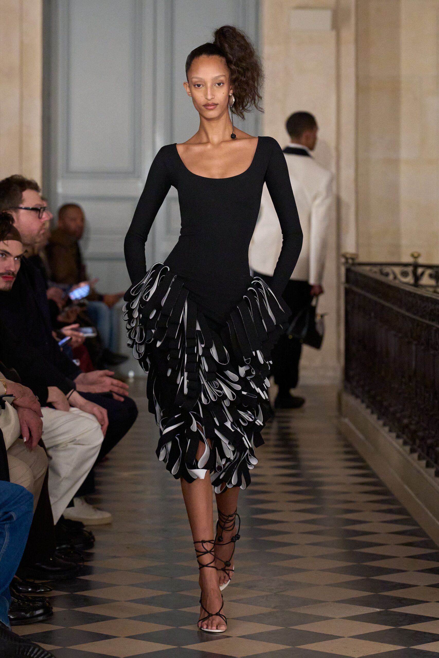black and white ruffled midi dress