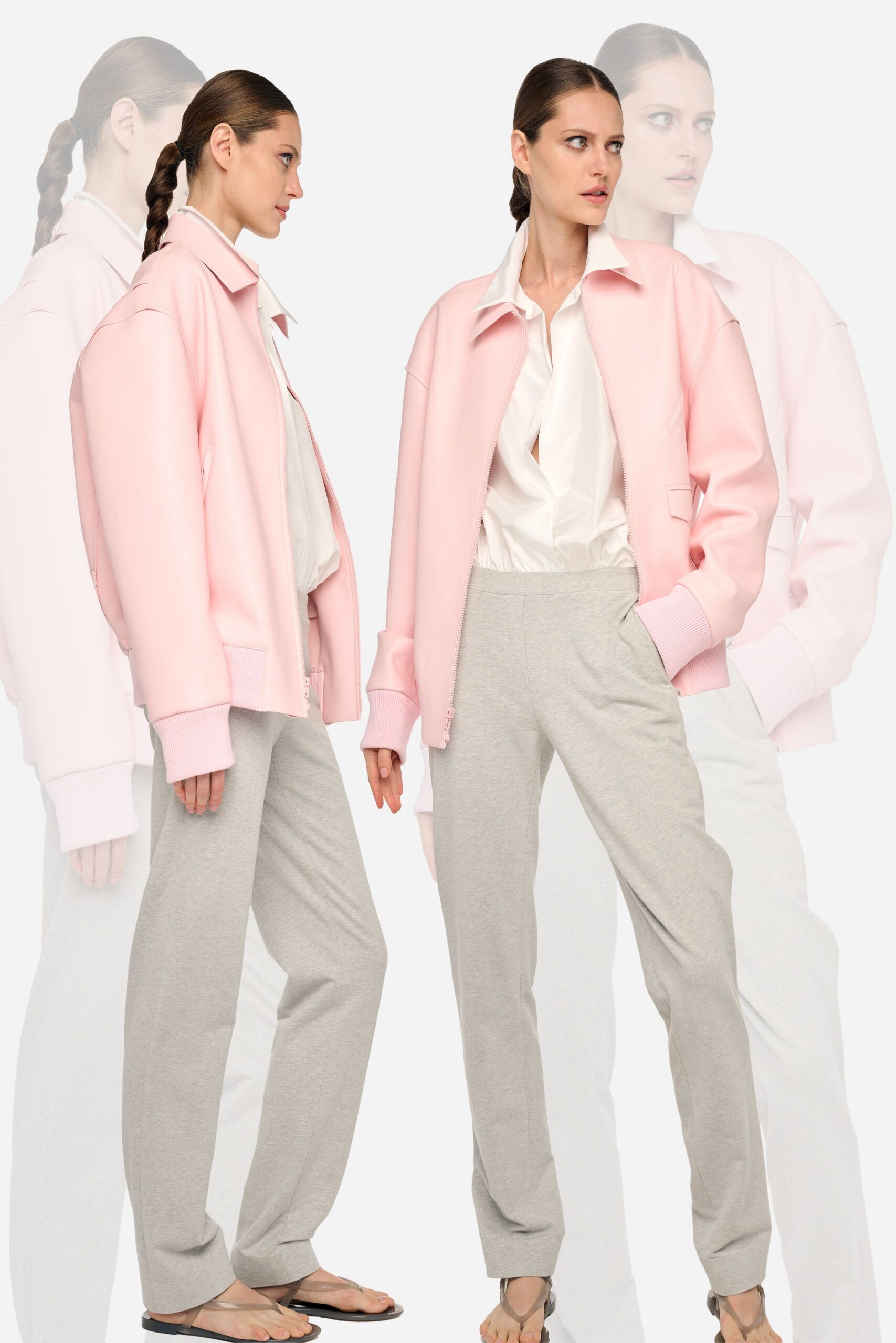pink oversized jacket with gray pants