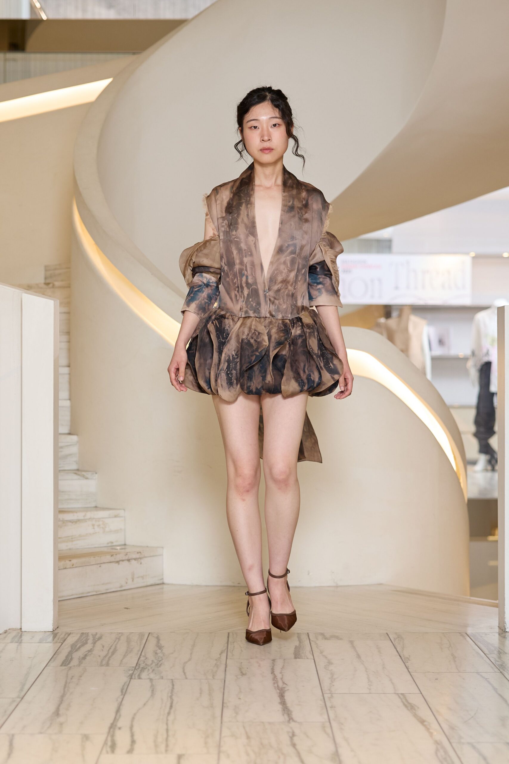 brown silk long-sleeve v-neck fitted ruffled layered dress