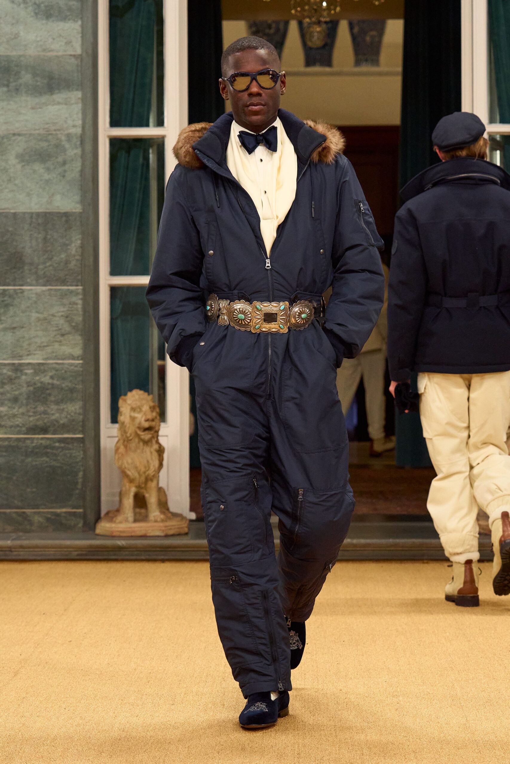 blue cotton long-sleeve collared fitted zippered jumpsuit